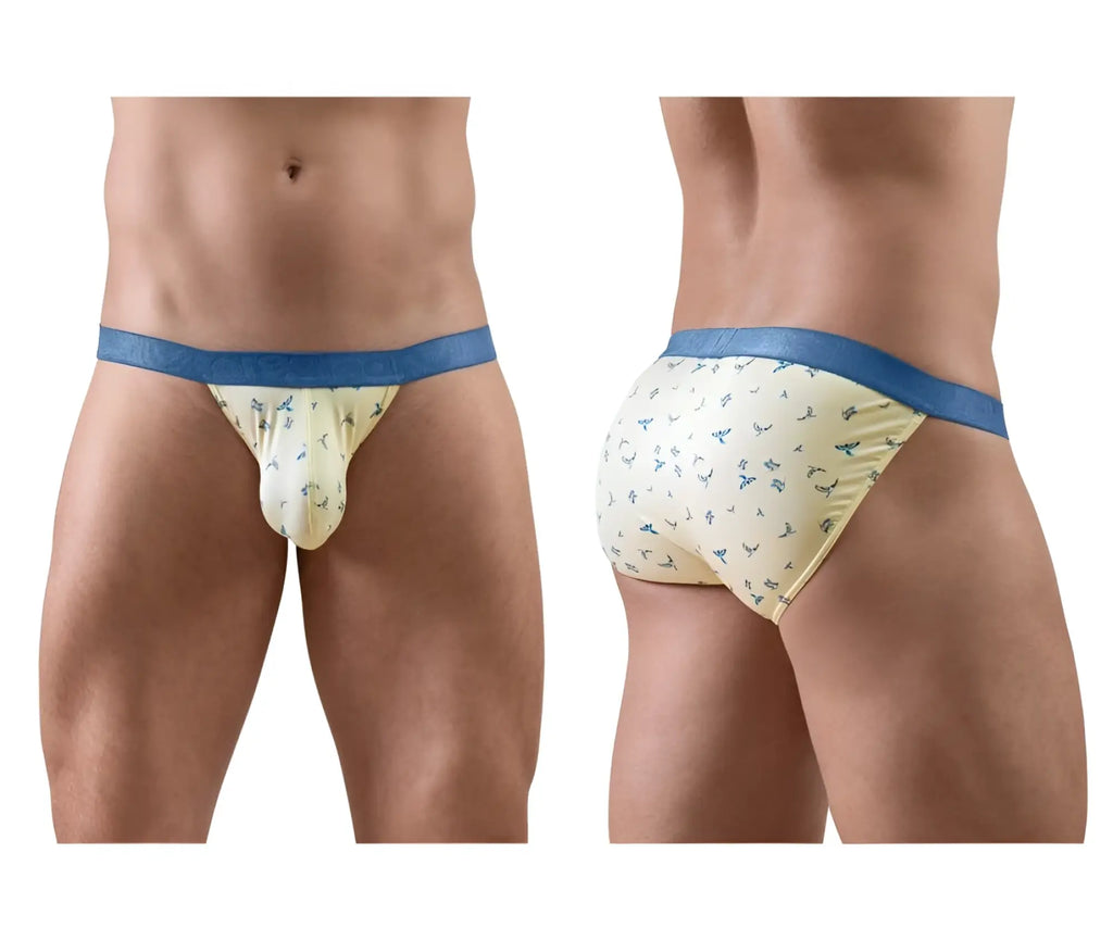 Cream-colored ergo wear ew1769 slk se bikini briefs with blue anchor pattern and royal blue waistband in vanilla-birds color