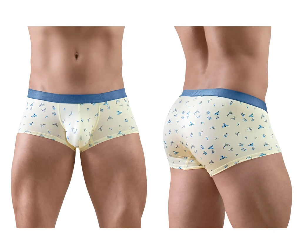 ErgoWear ew1770 slk se trunks in vanilla color featuring cream boxer briefs with blue bird pattern and solid blue waistband