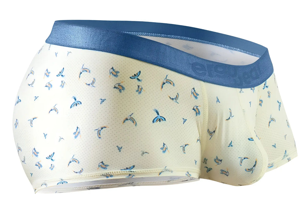 ErgoWear EW1770 SLK SE trunks in cream color with blue whale pattern and solid blue elastic waistband