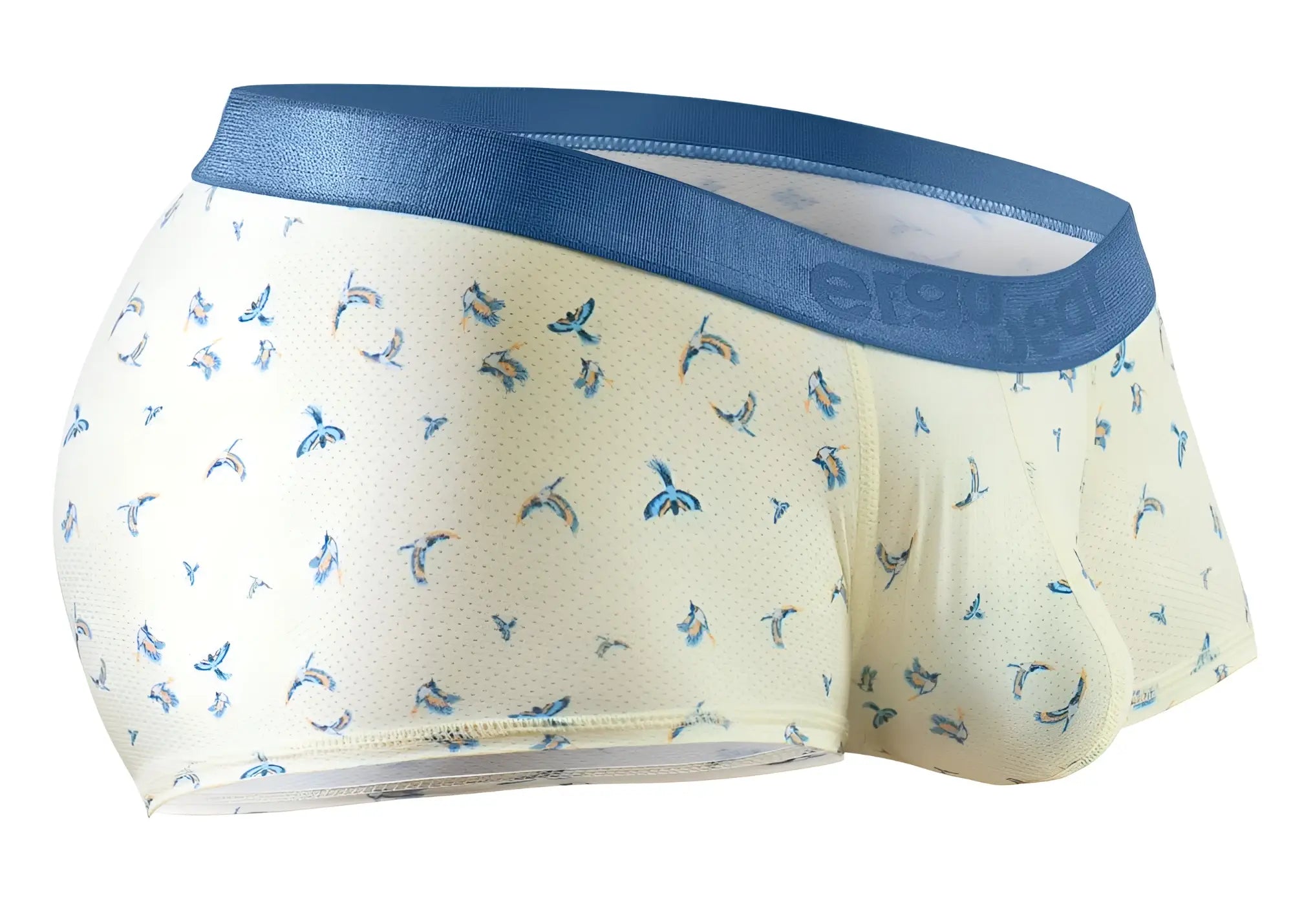 ErgoWear EW1770 SLK SE trunks in cream color with blue whale pattern and solid blue elastic waistband