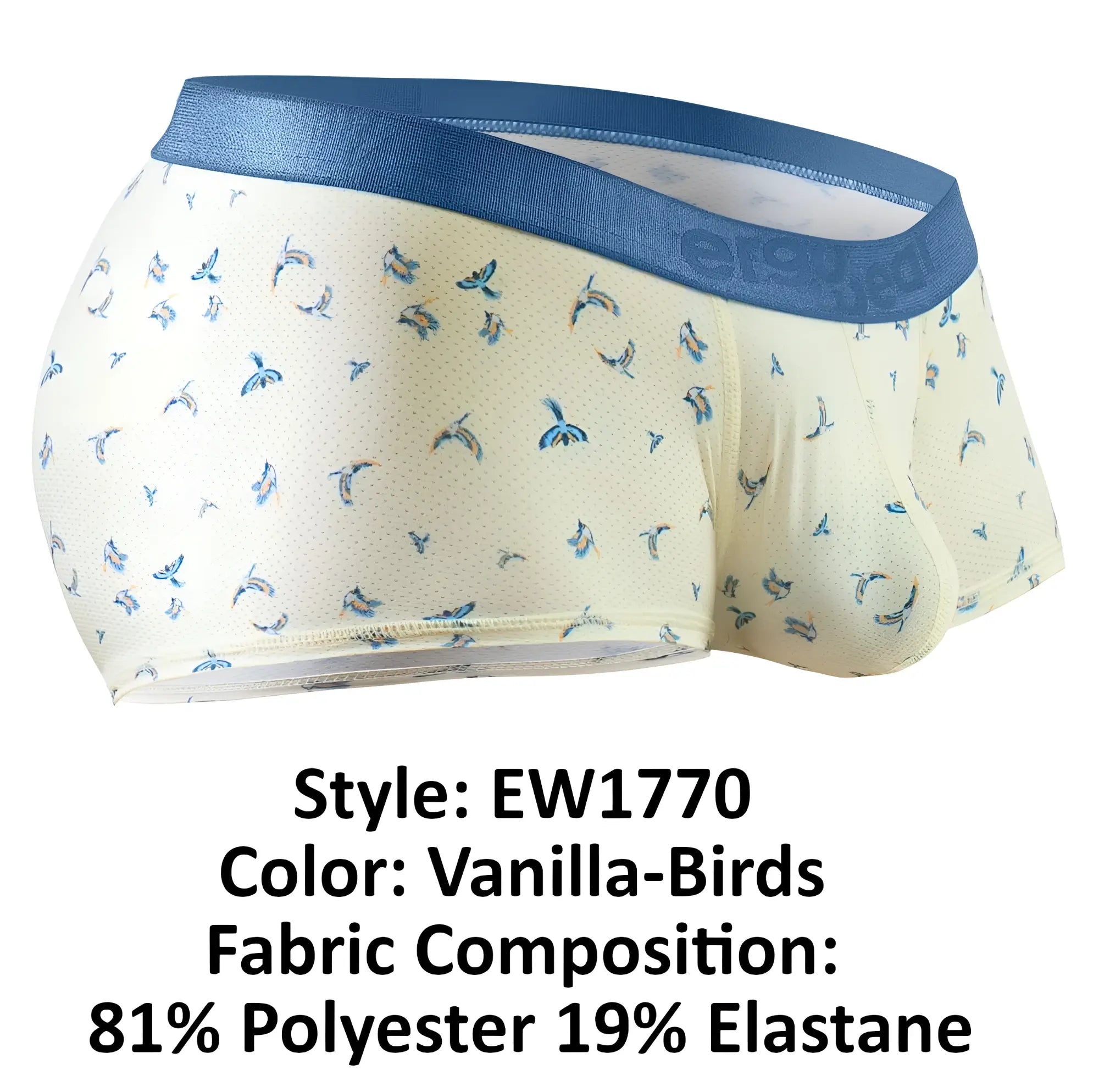 Ergowear ew1770 slk se trunks in vanilla with cream briefs featuring subtle blue bird pattern and navy elastic waistband