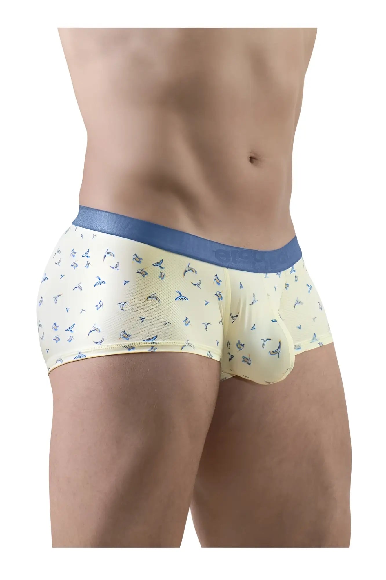 Cream-colored ergo wear ew1770 slk se trunks with blue bird pattern and solid blue waistband in vanilla birds color