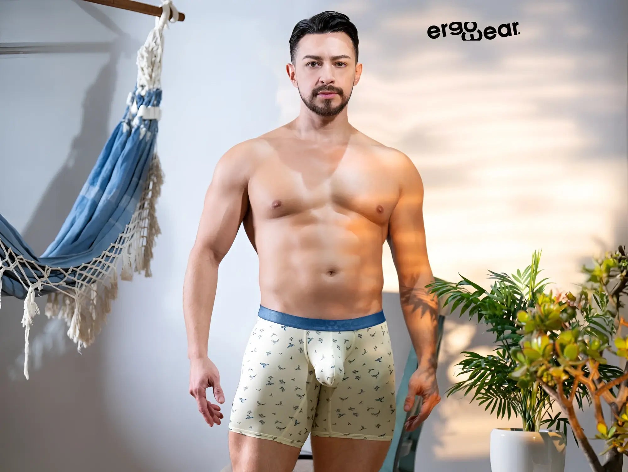 Beige ergowear boxer briefs with subtle bird pattern and solid blue waistband in vanilla color ew1771 slk se model