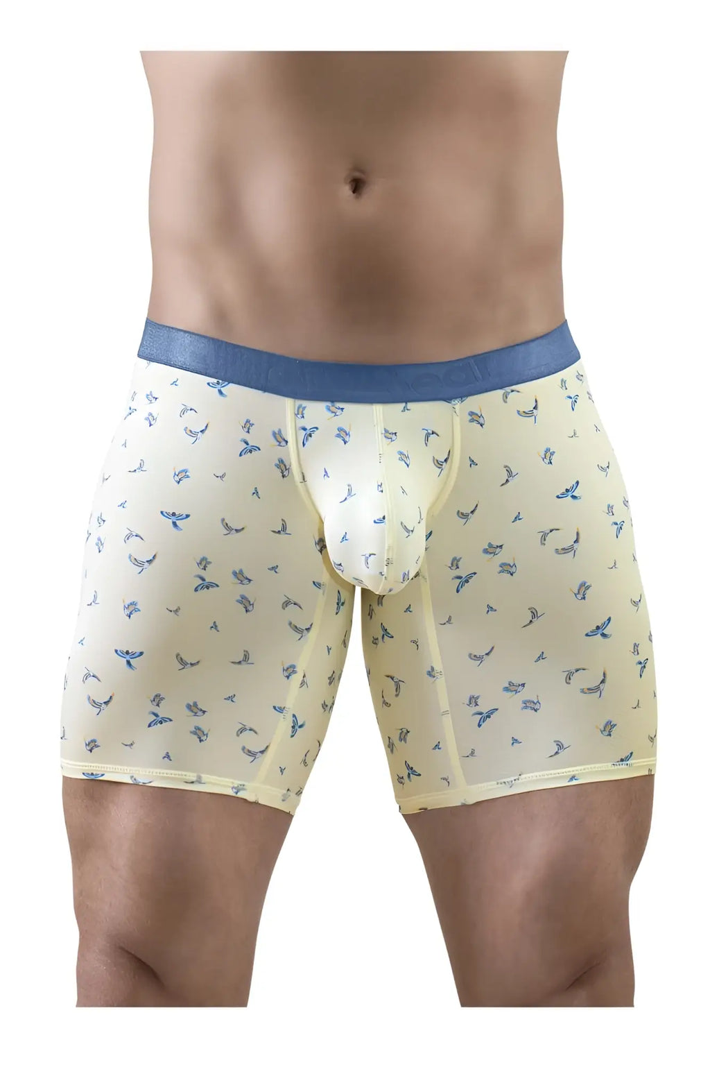 Cream-colored ergoWear ew1771 slk se boxer briefs with blue waistband and subtle blue bird pattern in vanilla shade