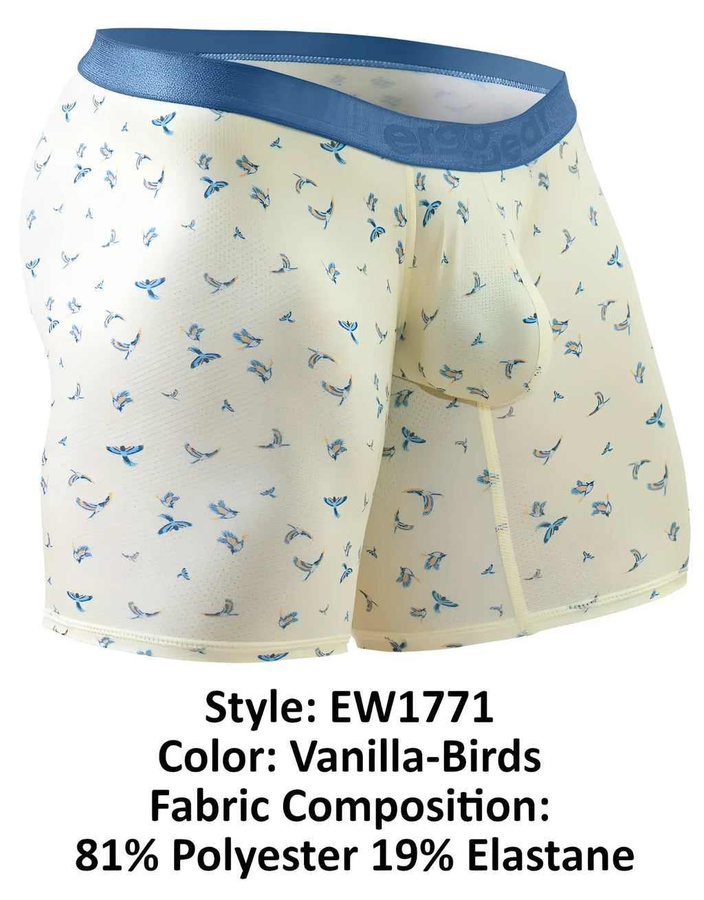 Cream-colored ergoWear ew1771 slk se boxer briefs with blue bird pattern and solid blue elastic waistband