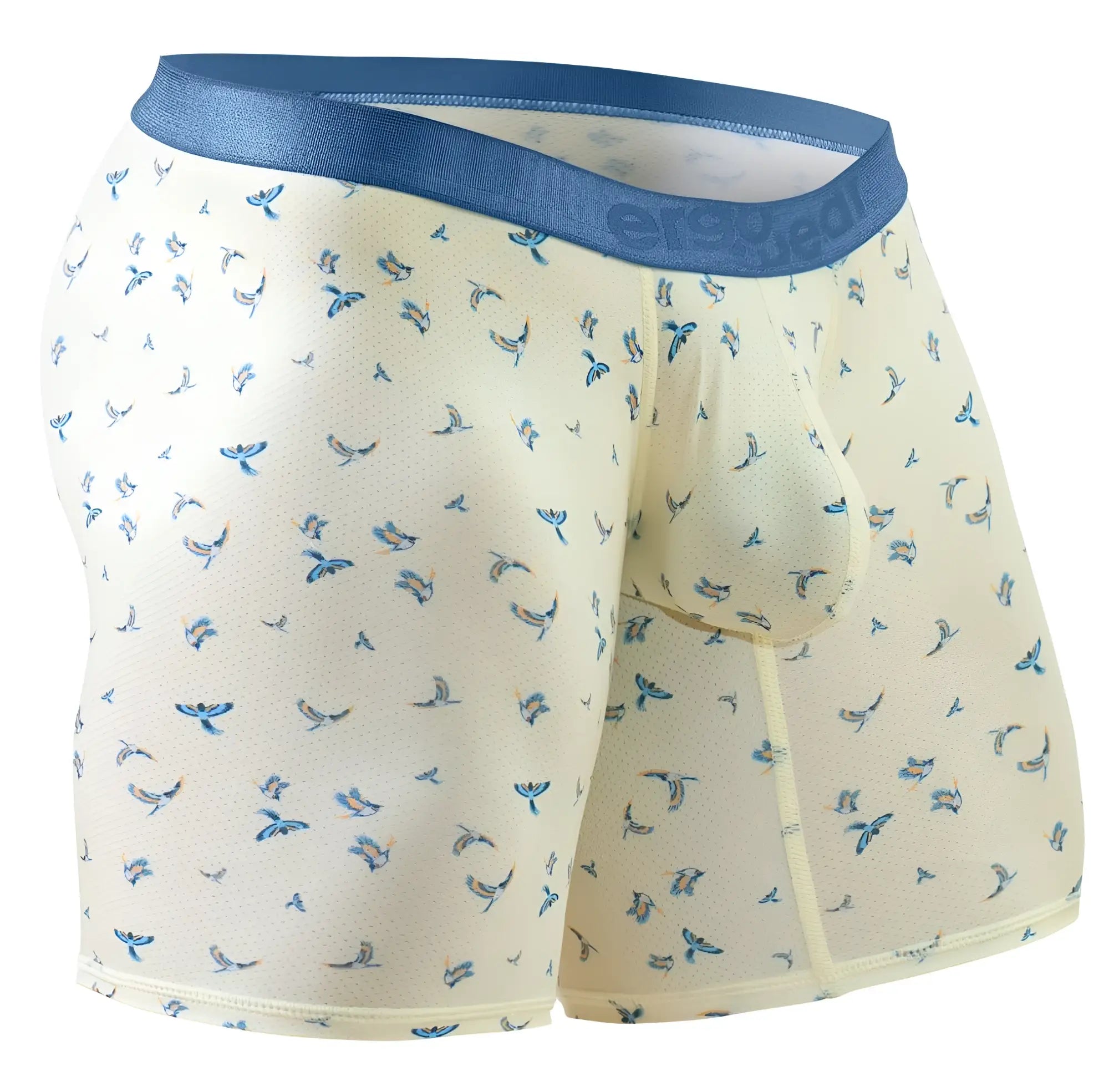 Cream-colored ergoWear ew1771 slk se boxer briefs with subtle blue bird pattern and solid navy waistband