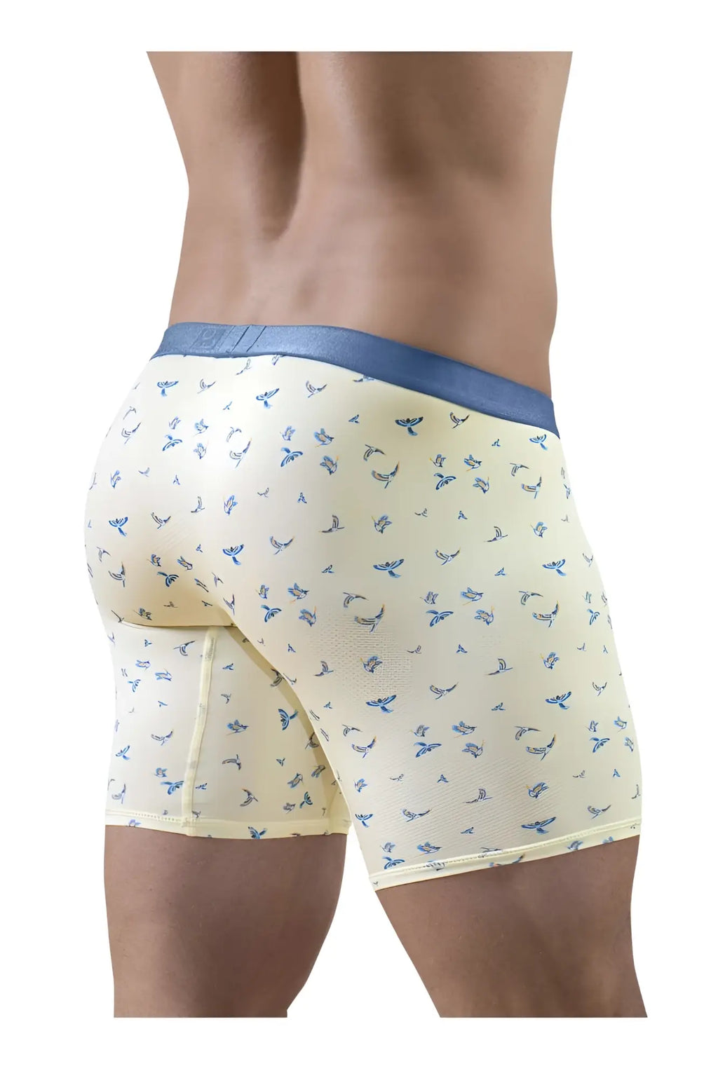 Cream-colored ergo wear ew1771 slk se boxer briefs with blue butterfly pattern and solid blue waistband in vanilla-birds color