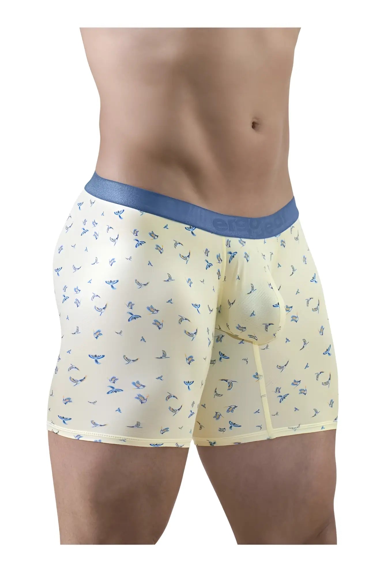 Cream-colored ergoWear boxer briefs with subtle blue bird pattern and solid blue waistband in vanilla color