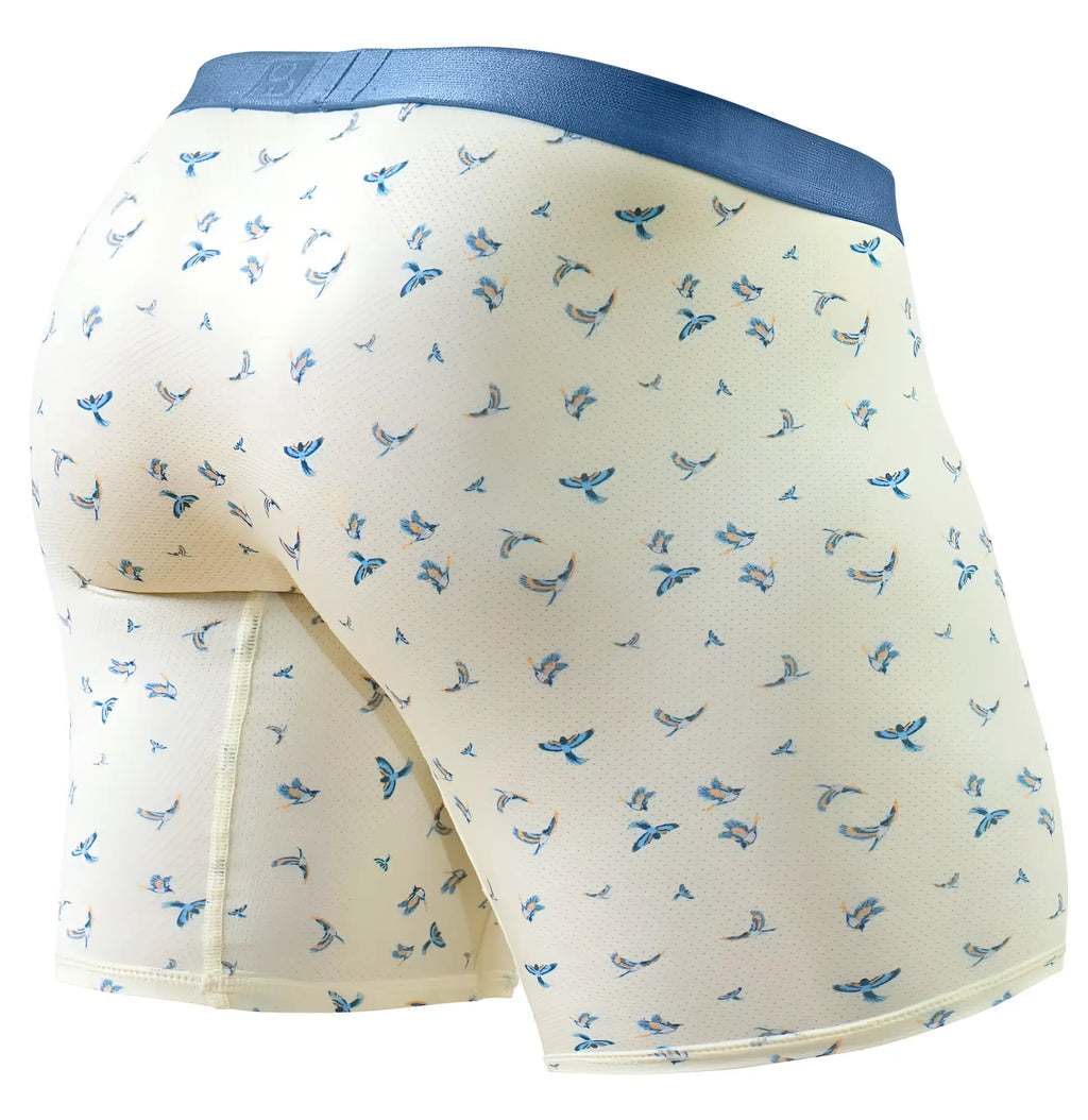 ErgoWear EW1771 SLK SE cream-colored boxer briefs with blue bird pattern and solid navy waistband in vanilla-birds color