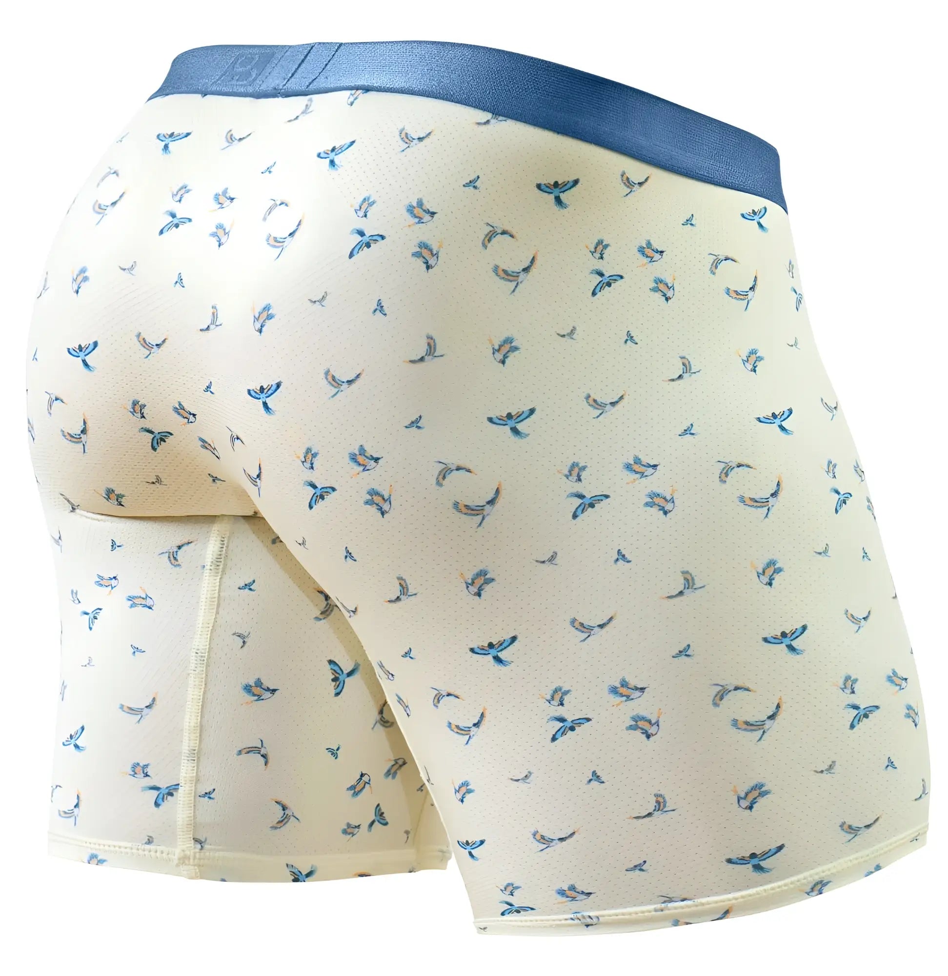 ErgoWear EW1771 SLK SE cream-colored boxer briefs with blue bird pattern and solid navy waistband in vanilla-birds color