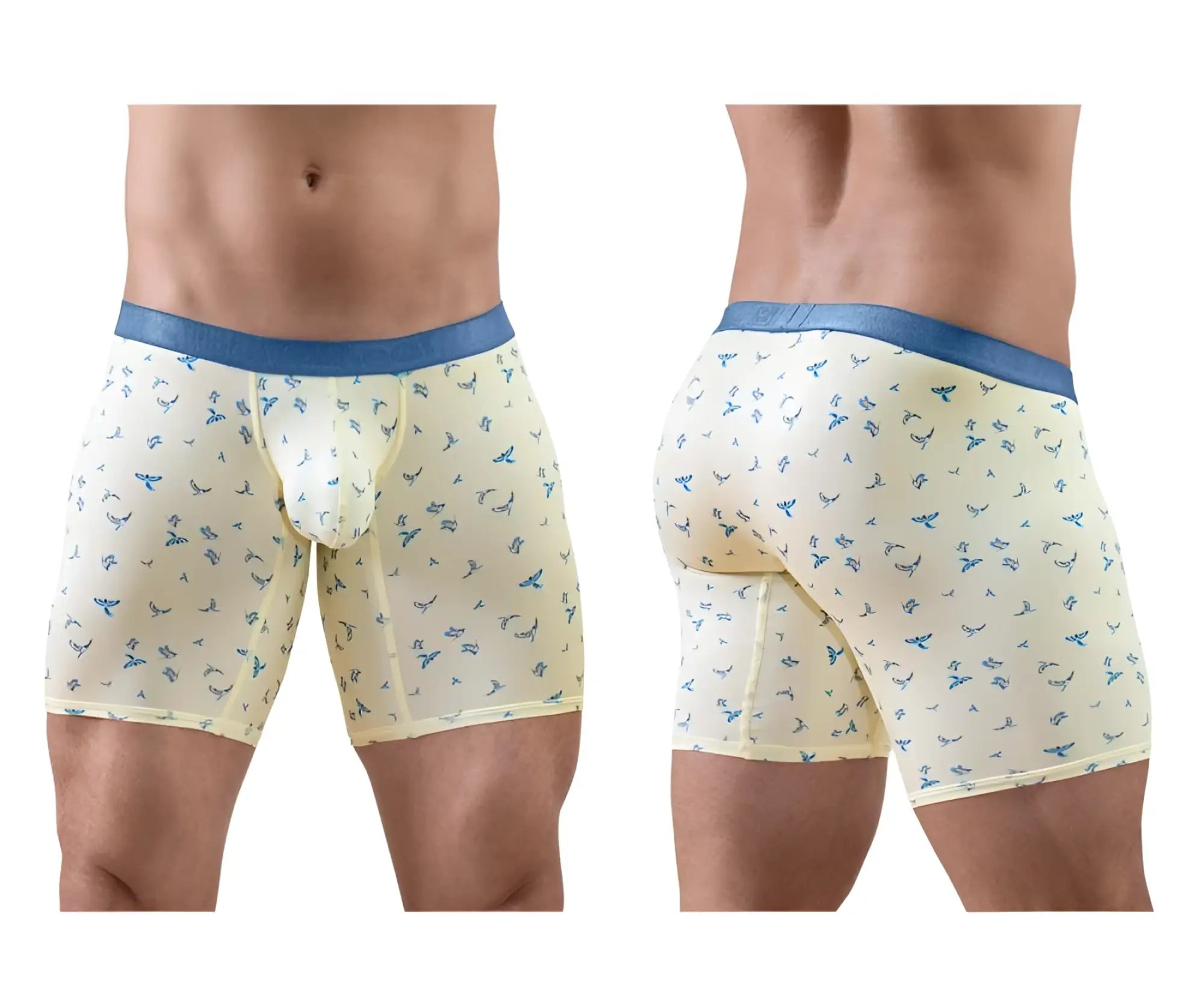 Ergowear ew1771 slk se boxer briefs in cream with a subtle blue bird pattern and solid blue waistband