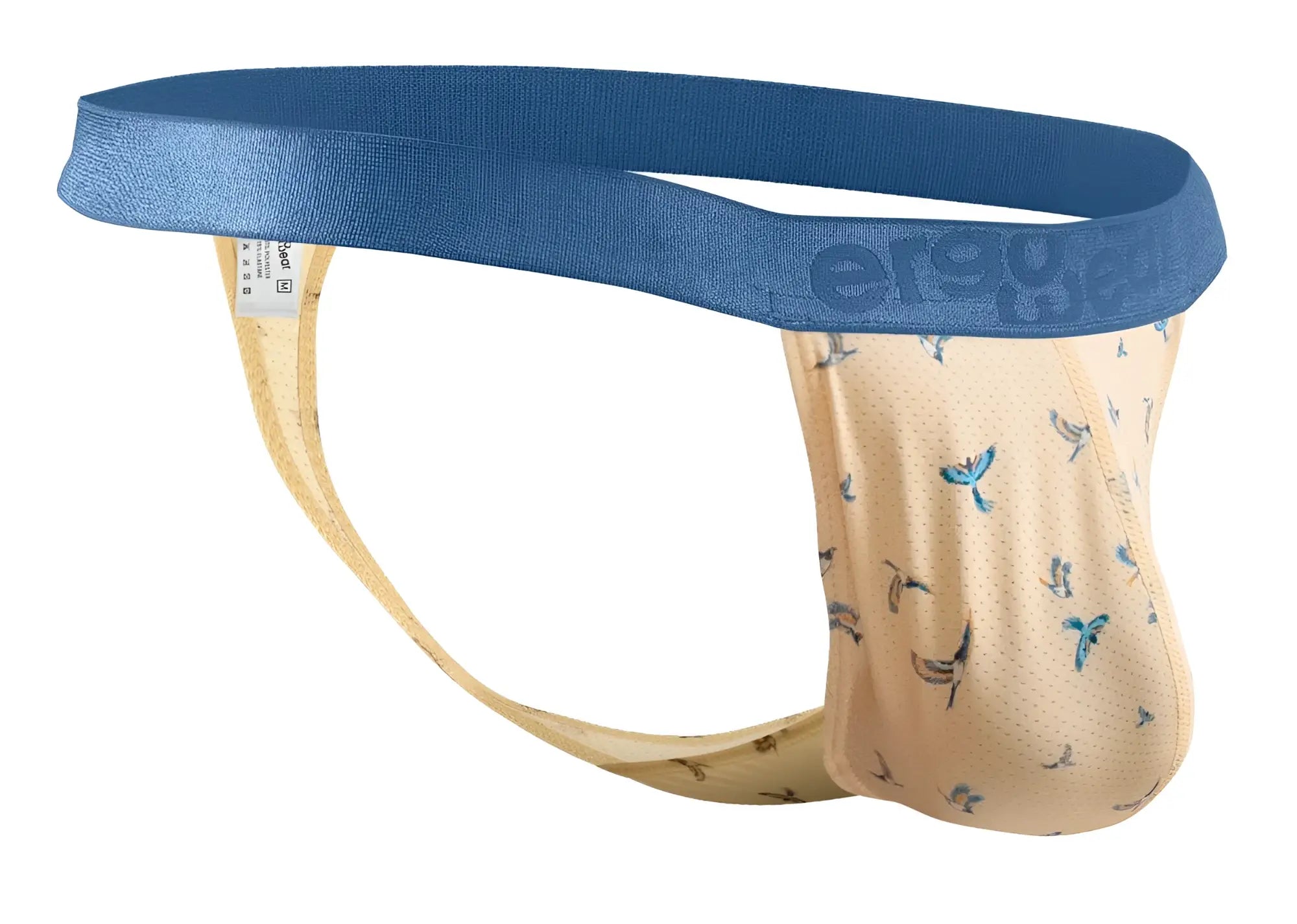 Beig and blue patterned ergowear ew1772 slk se g-string with textured fabric and small bird motifs on the front side