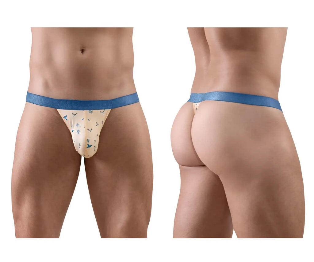 Beige ergo wear ew1772 slk se g-string with blue trim bird pattern and smooth elastic waistband in peach color