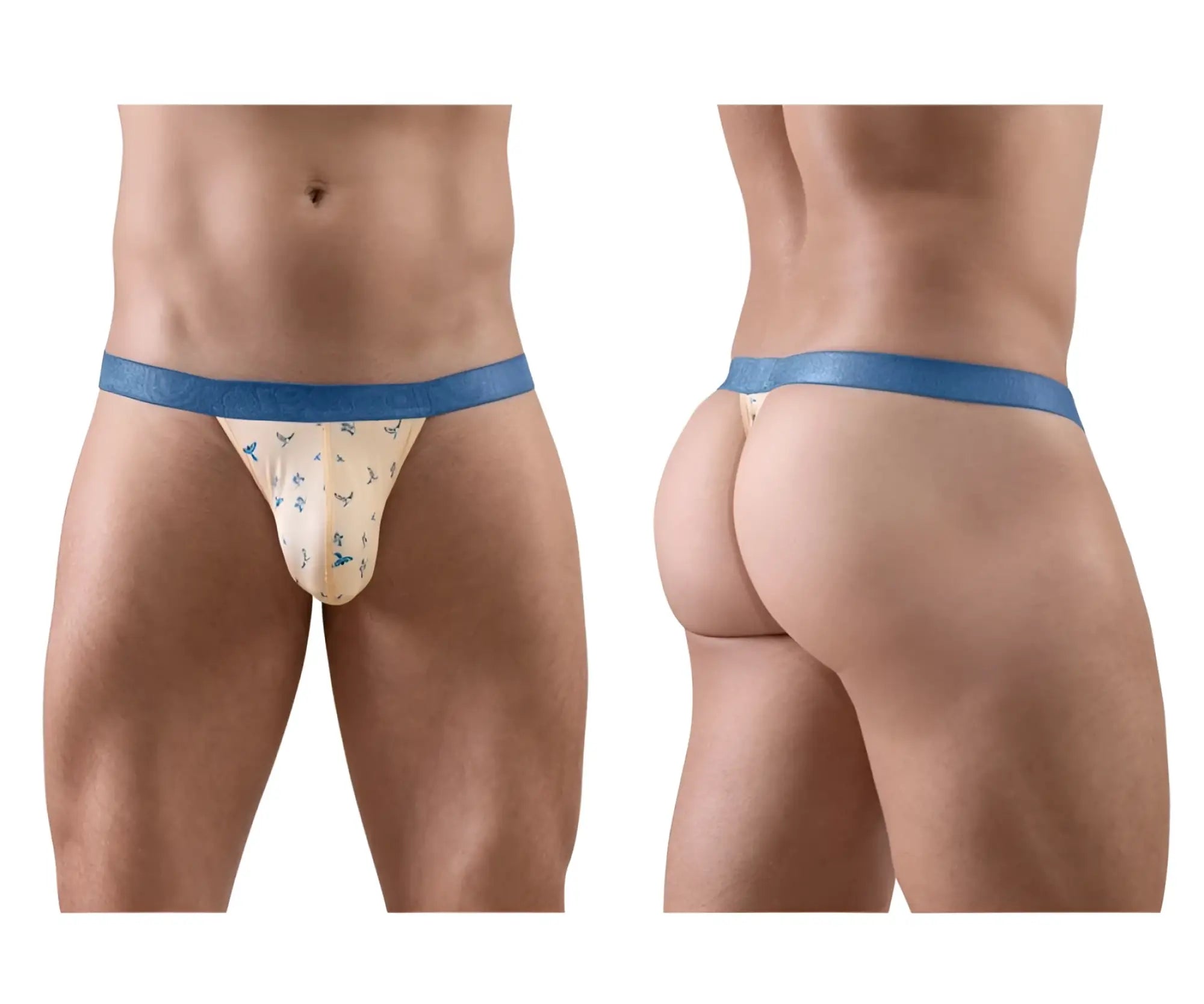 Beige ergo wear ew1772 slk se g-string with blue trim bird pattern and smooth elastic waistband in peach color
