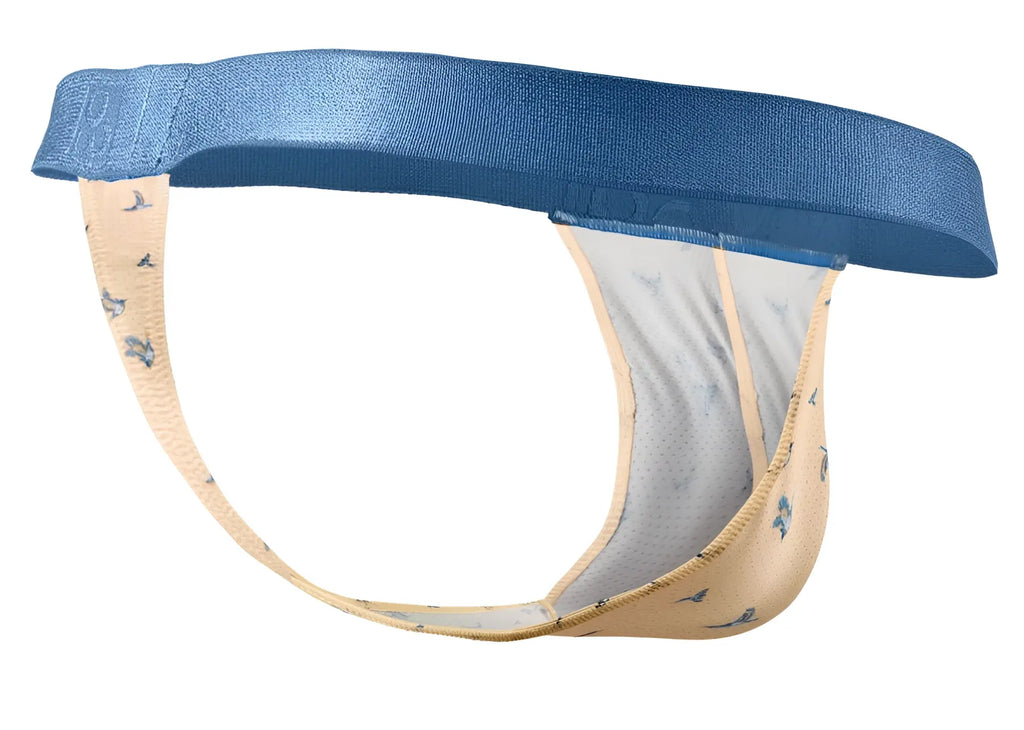 Blue and beige patterned men’s briefs with subtle bird design from ergowear ew1772 slk se g-string color peach-birds