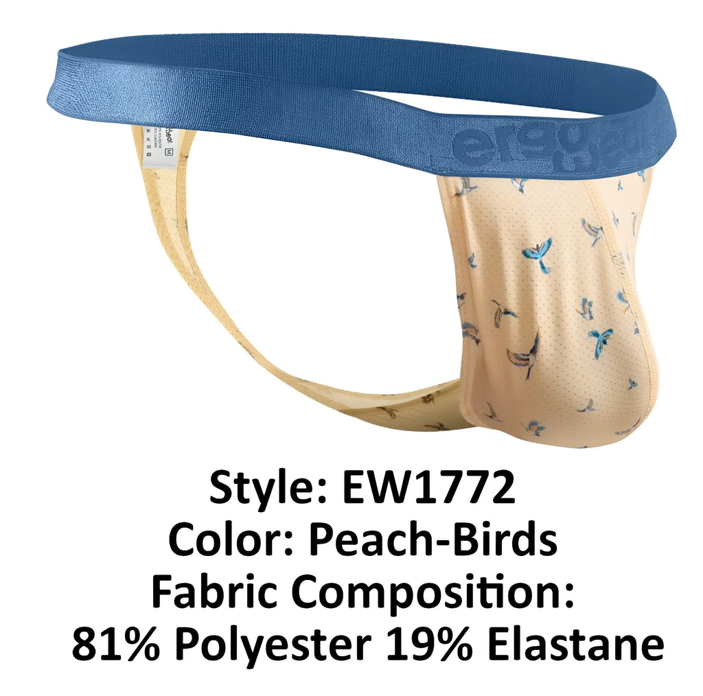 Peach-colored ergowear ew1772 slk se g-string men’s briefs with blue elastic waistband and small bird pattern