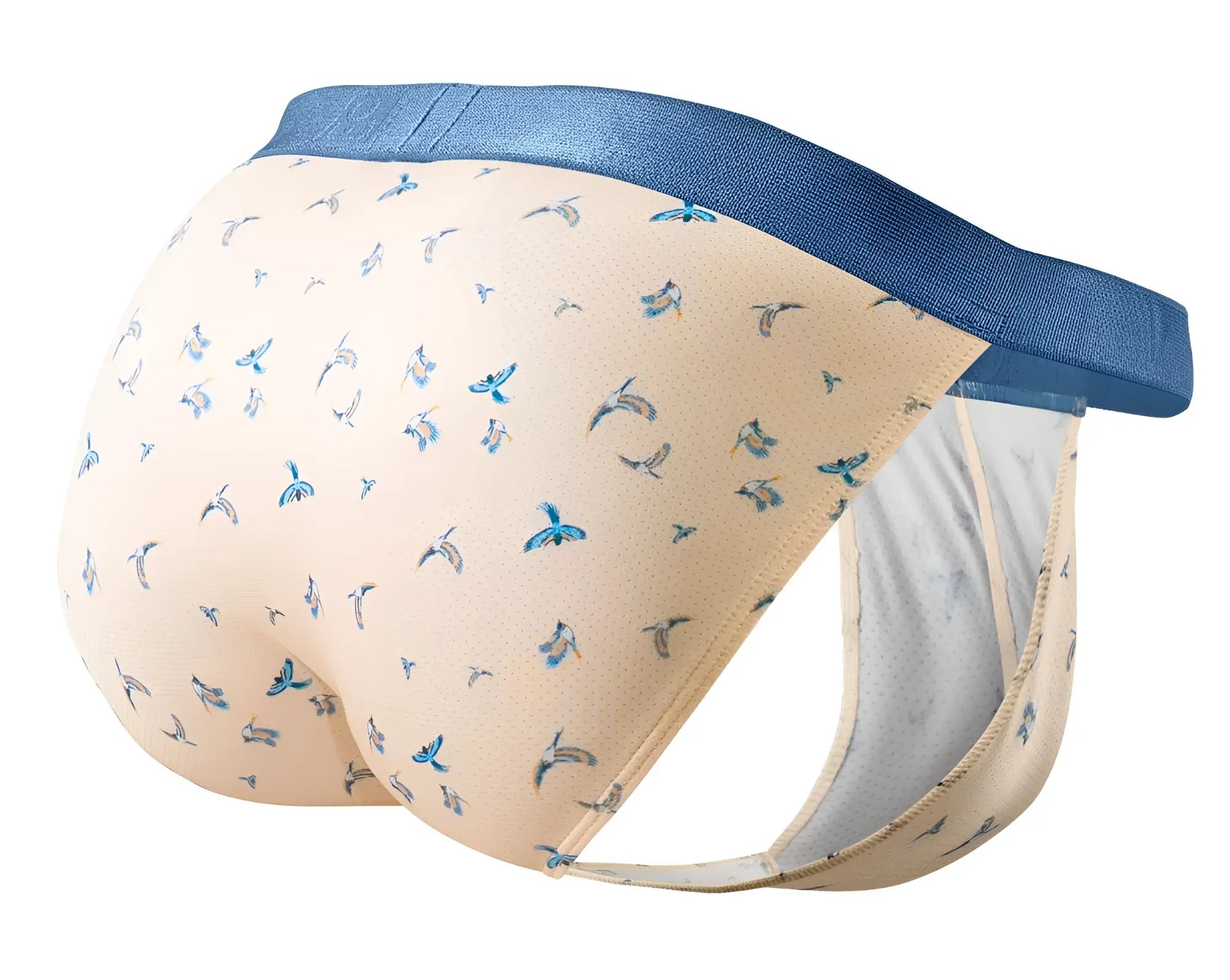 Beige ergo wear ew1773 slk se bikini briefs with blue bird pattern and solid navy waistband in peach-birds color