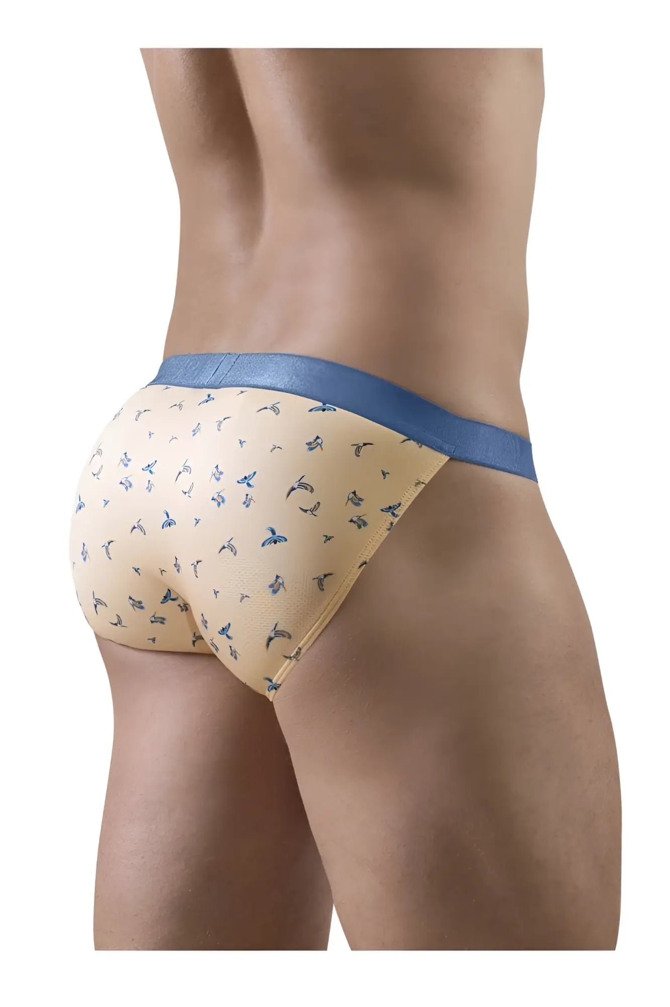 Beige ergoWear ew1773 slk se bikini briefs with blue trim and small bird pattern in peach color