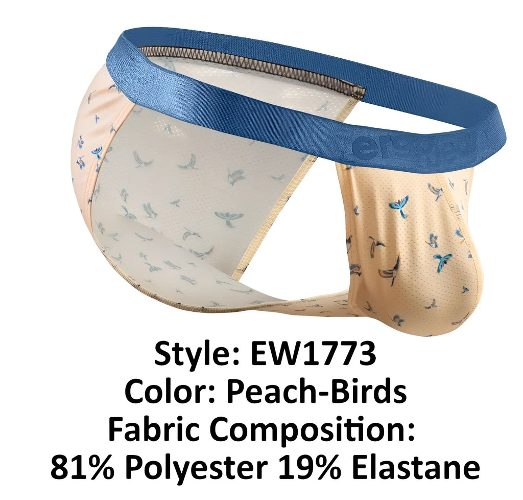 Peach-colored men’s briefs with subtle bird pattern and blue satin waistband from ergowear ew1773 slk se bikini