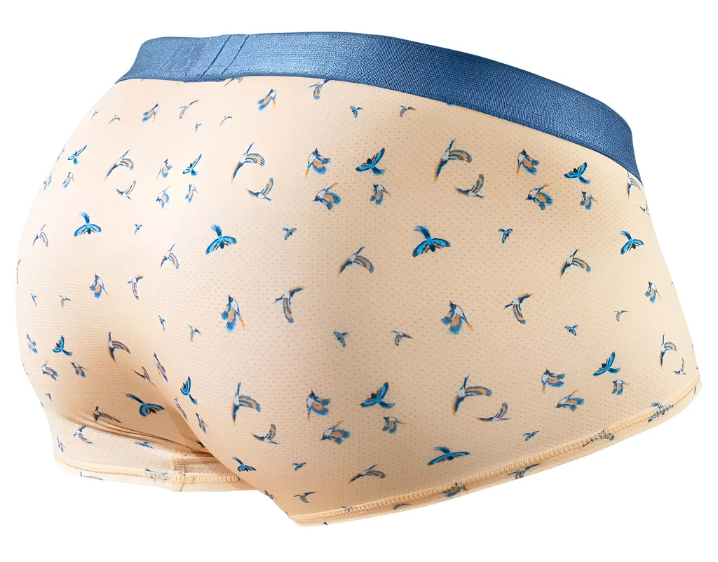 ErgoWear ew1774 SLK SE trunks beige briefs with blue bird pattern and solid navy waistband in peach-birds color