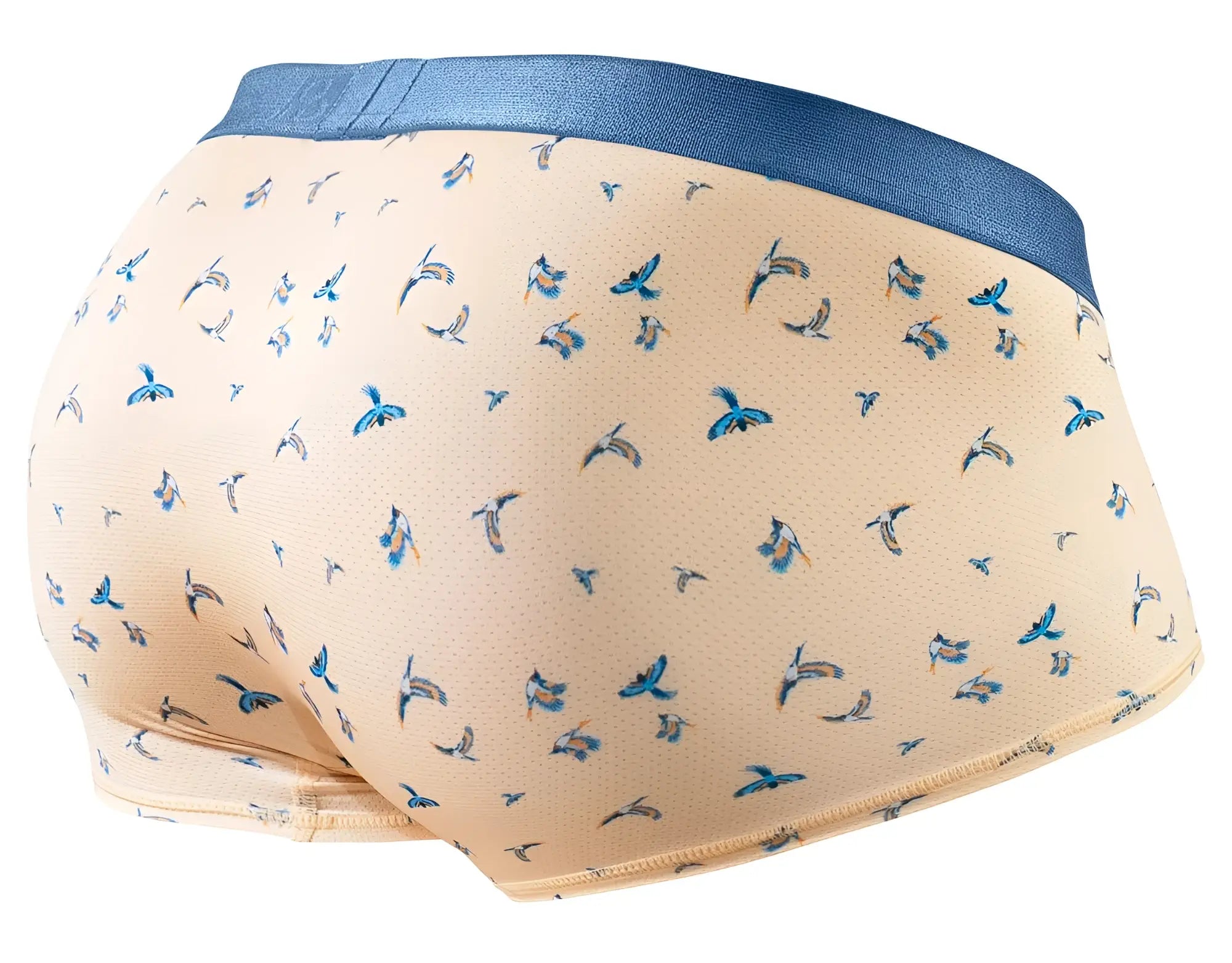 ErgoWear ew1774 SLK SE trunks beige briefs with blue bird pattern and solid navy waistband in peach-birds color