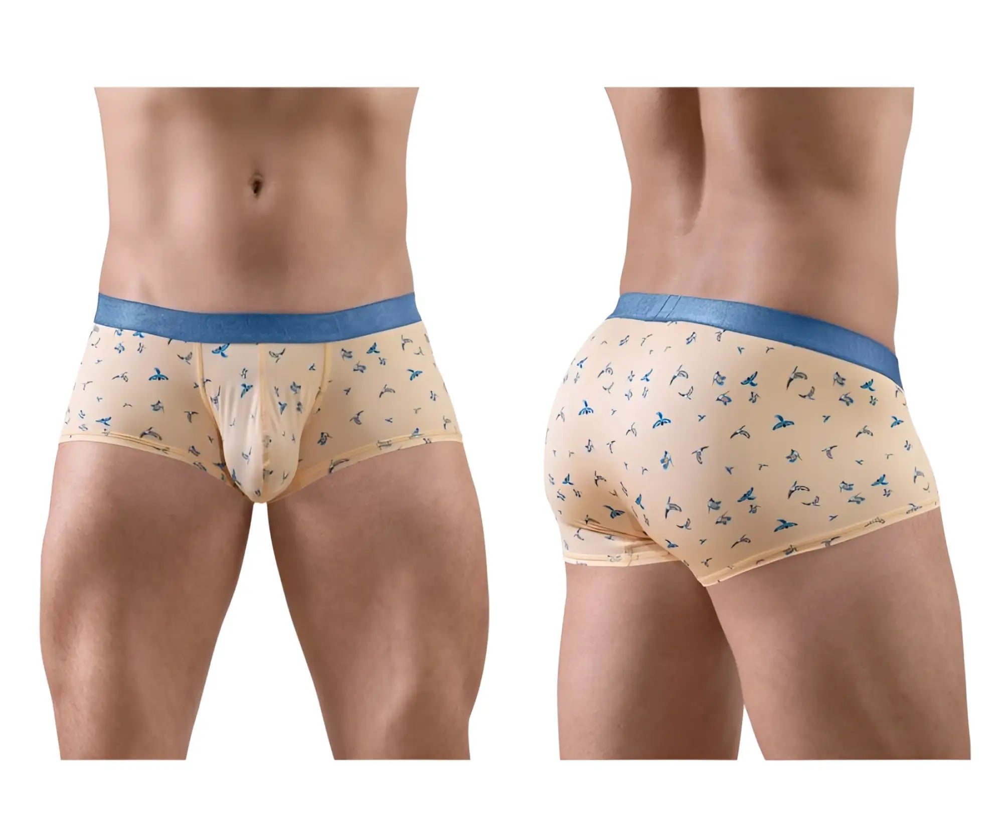 Beige ergoWear ew1774 slk se trunks with blue dolphin pattern and solid blue waistband in peach-birds color
