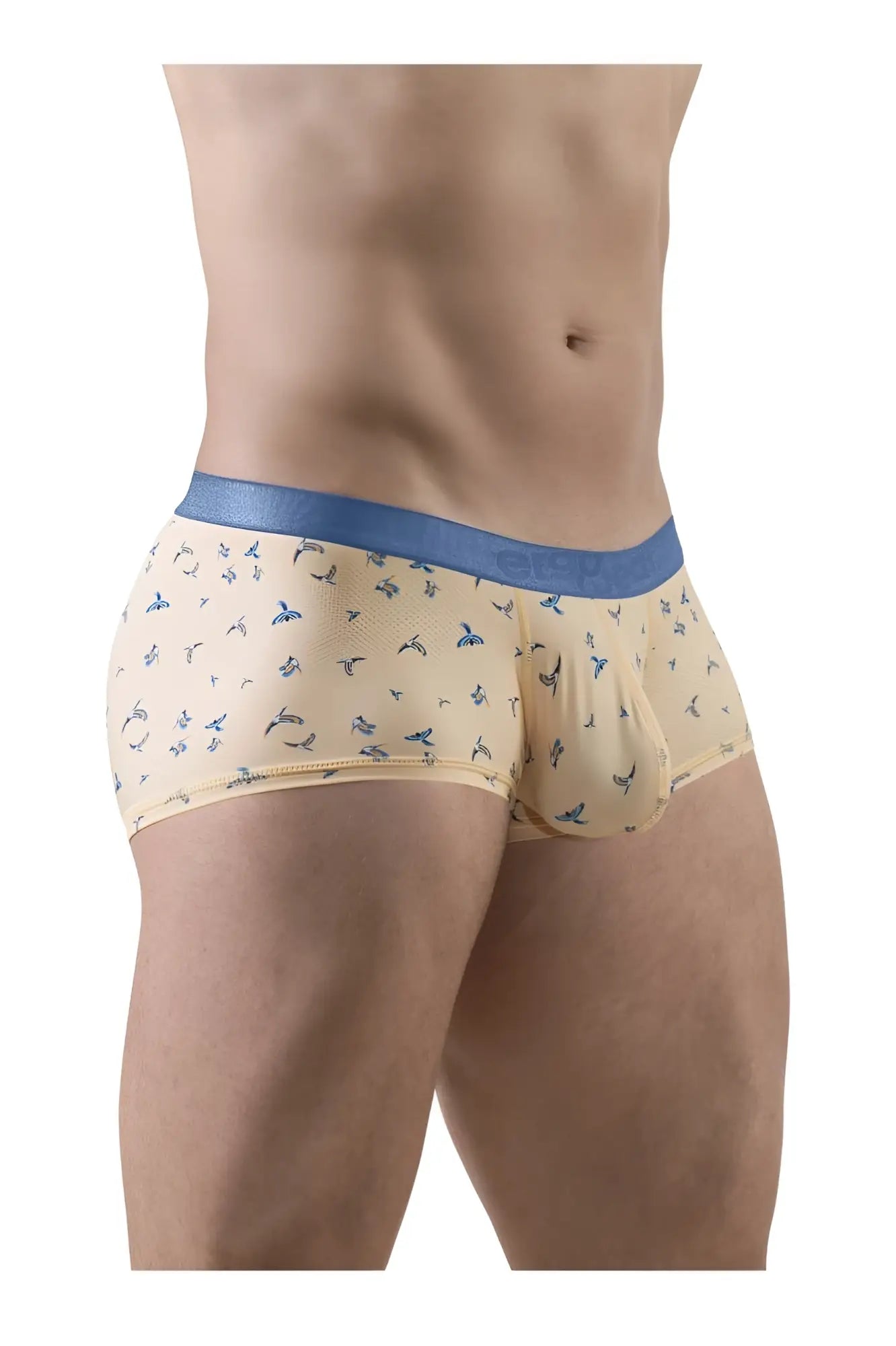 Beige ErgoWear EW1774 SLK SE trunks with blue elastic waistband and small bird patterns in peach color
