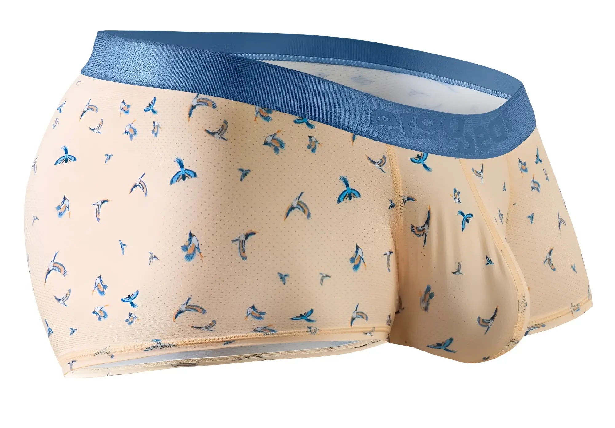Beige ergoWear ew1774 slk se trunks with blue bird pattern and satin-like blue waistband for comfortable wear
