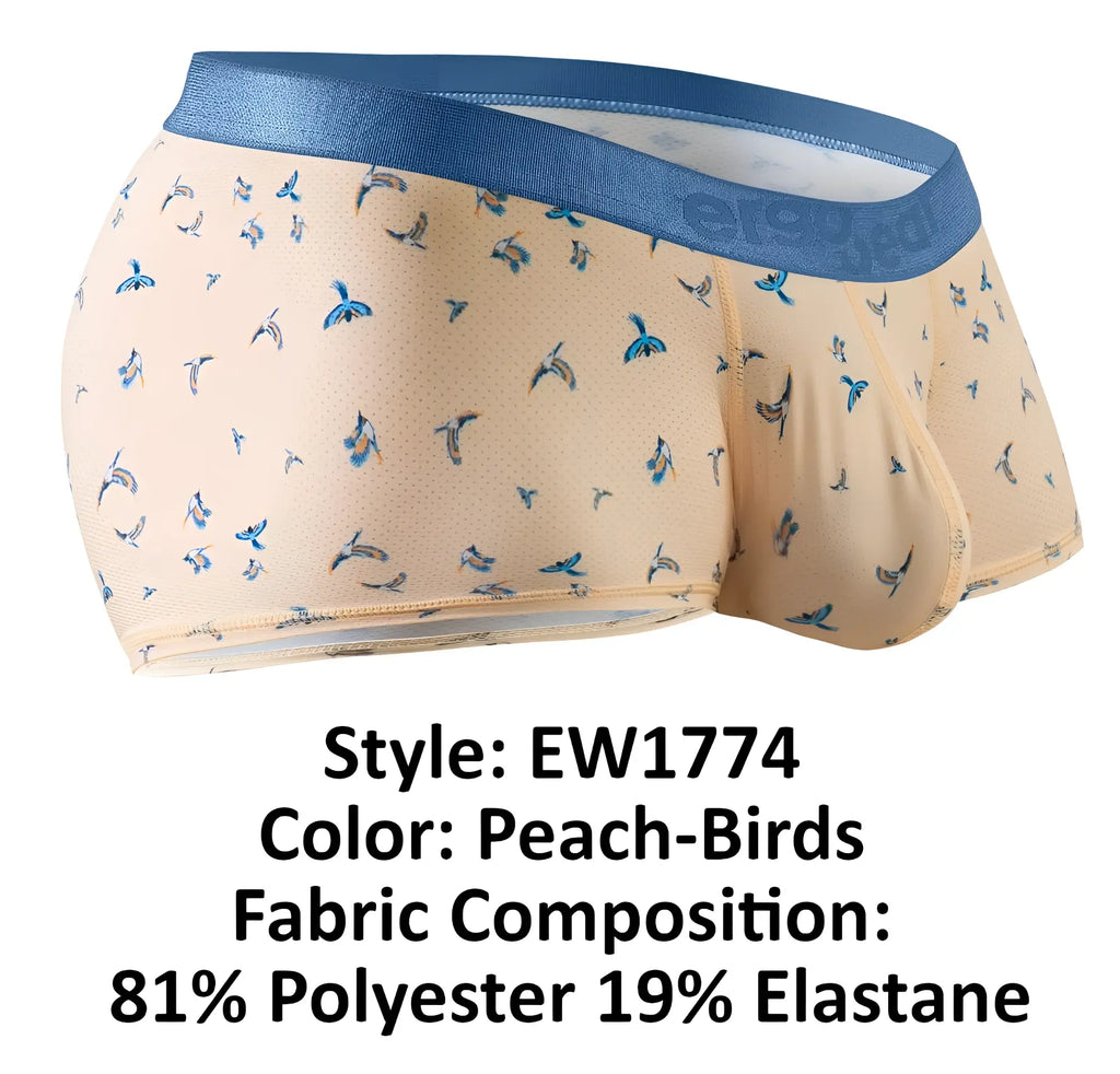 Peach-colored ergo wear ew1774 slk se trunks with blue bird pattern and solid blue waistband front view