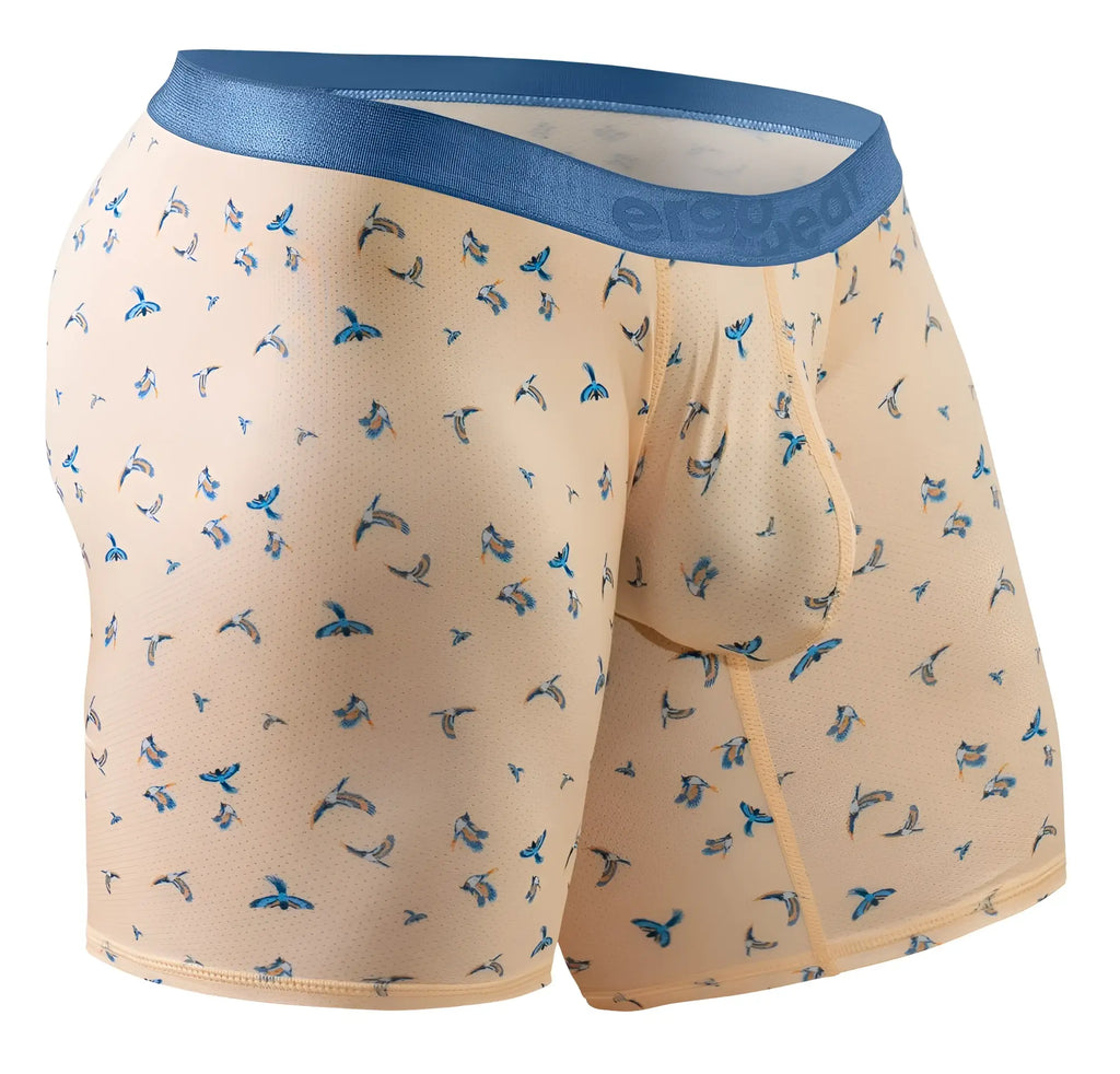 Beige ergoWear ew1775 slk se boxer briefs with blue bird pattern and solid blue waistband in peach birds color