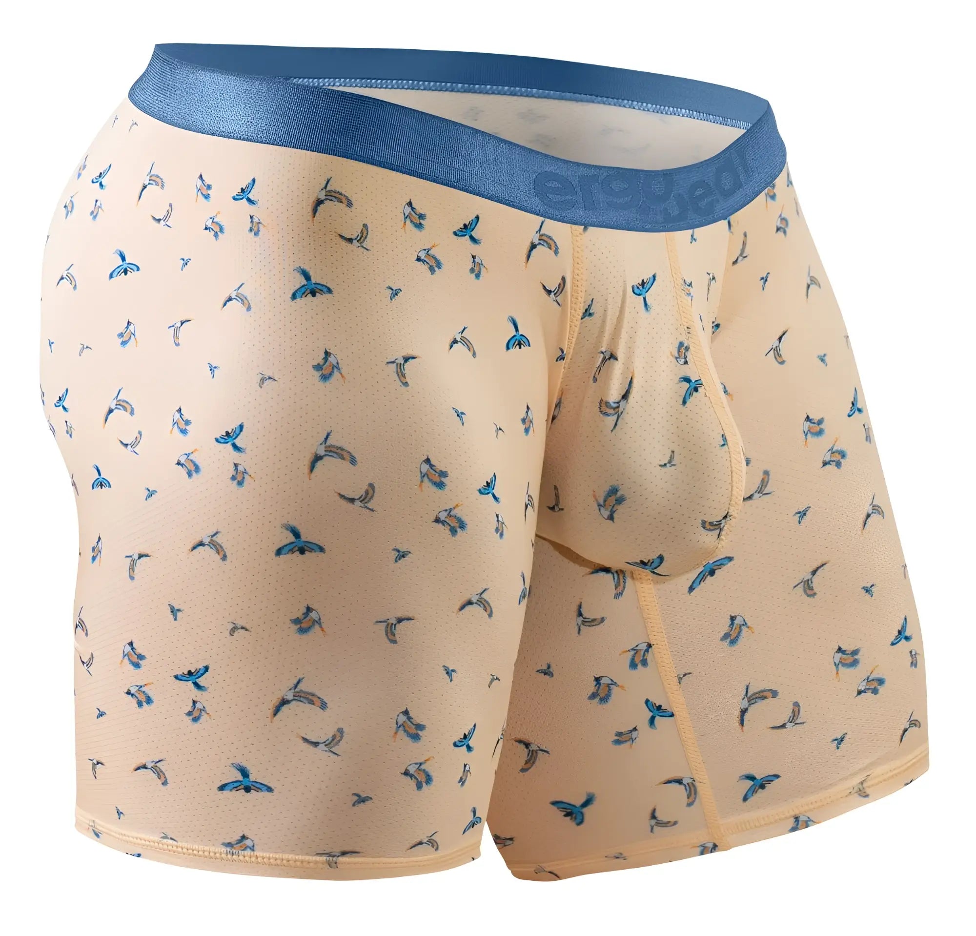 Beige ergoWear ew1775 slk se boxer briefs with blue bird pattern and solid blue waistband in peach birds color