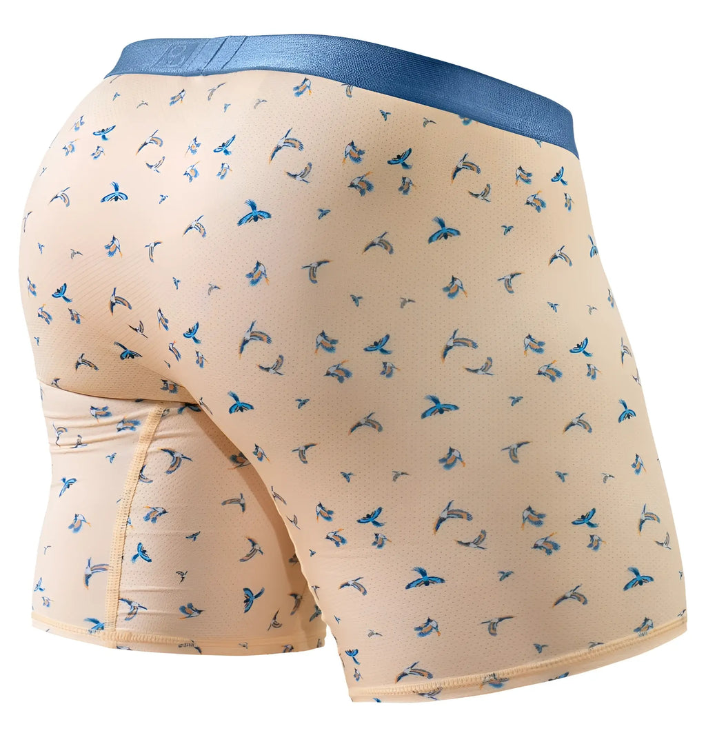 Beige ErgoWear EW1775 SLK SE boxer briefs with blue bird pattern and solid blue waistband in peach color