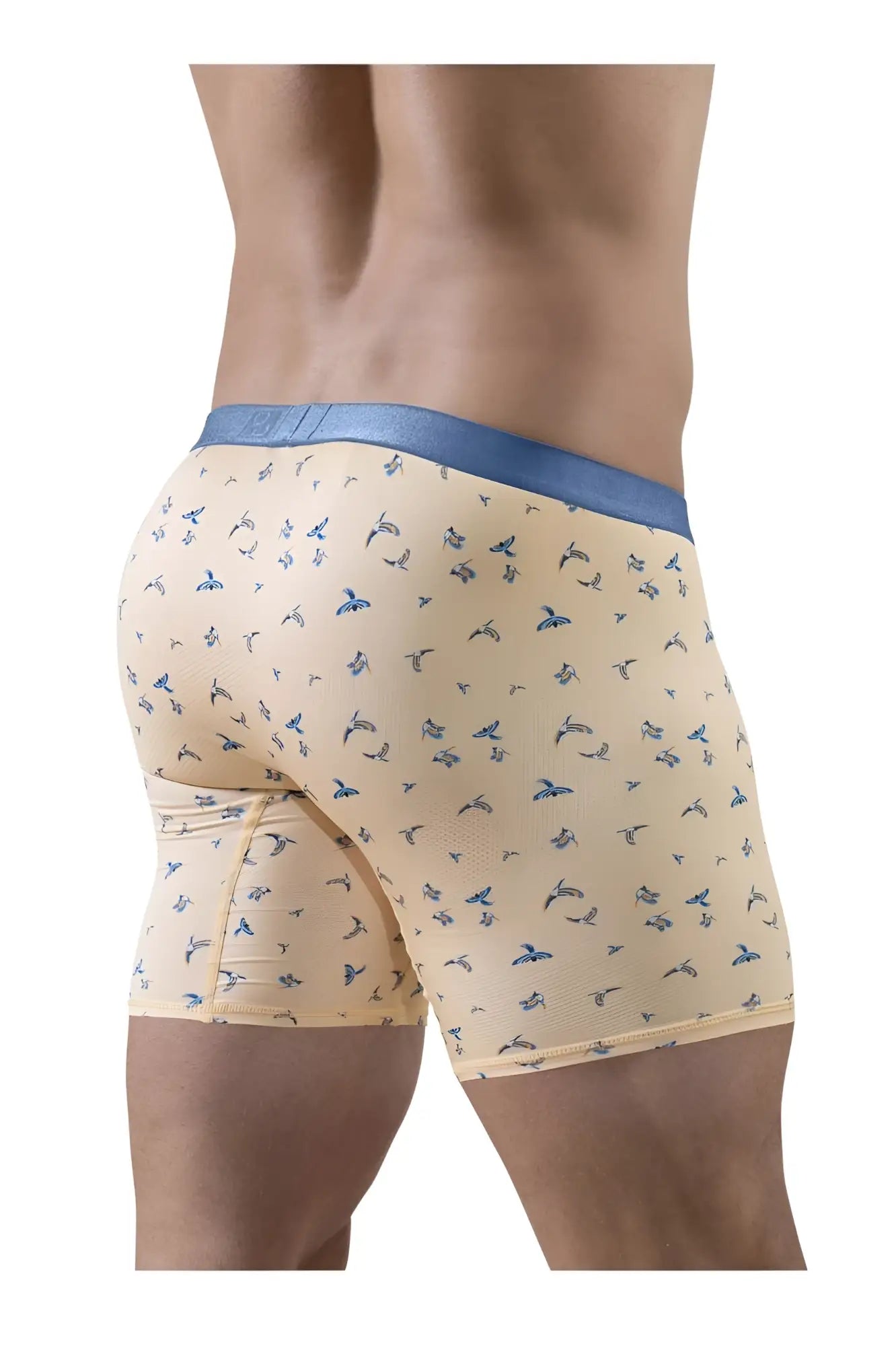 Beige ergoWear EW1775 SLK SE boxer briefs with blue elastic waistband and subtle blue bird pattern in peach color