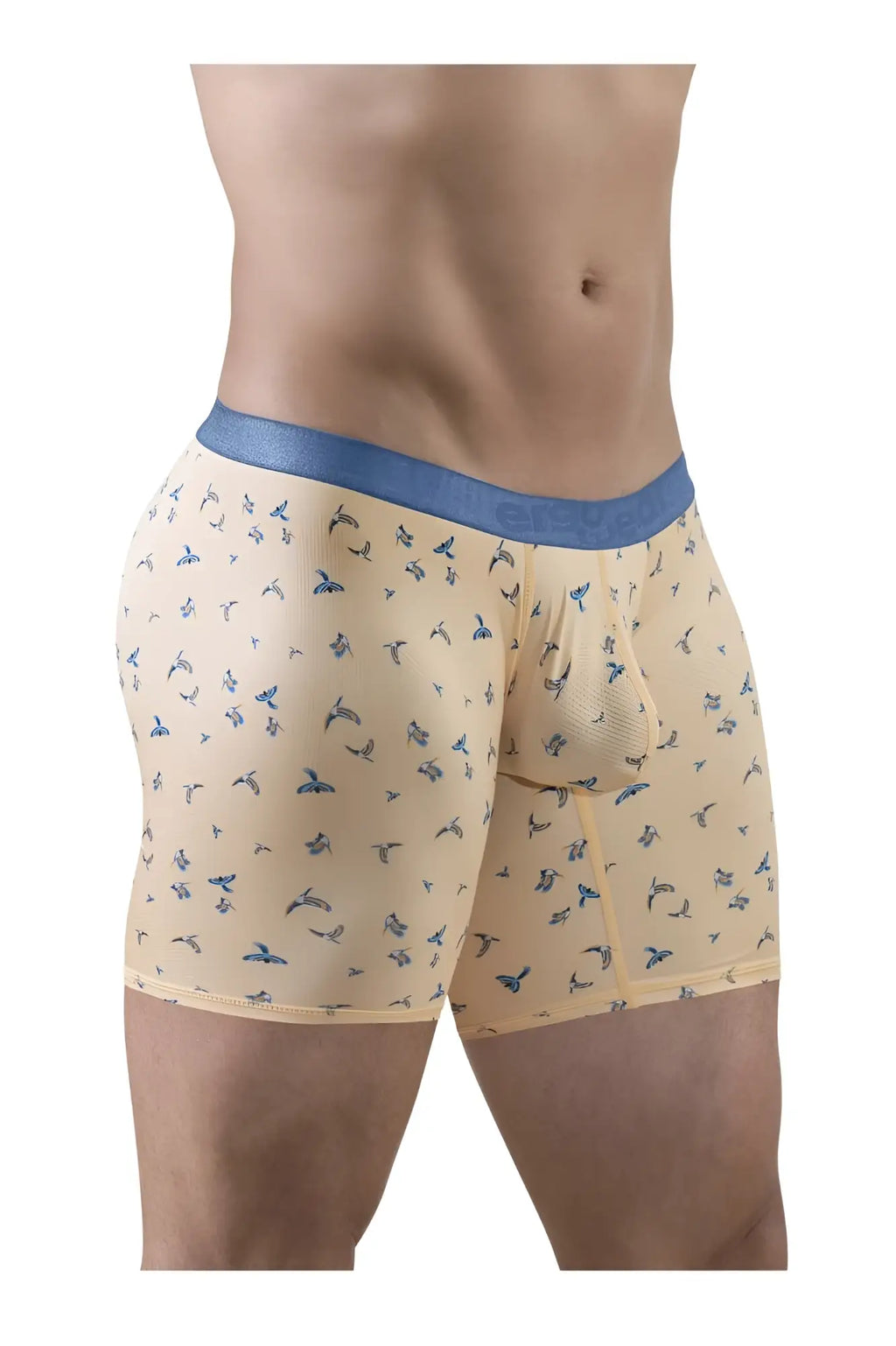 ErgoWear EW1775 SLK SE beige boxer briefs with blue elastic waistband and subtle blue bird pattern