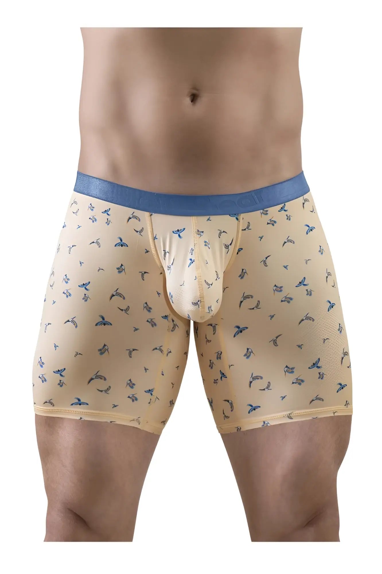 Beige boxer briefs with blue elastic waistband and small blue bird patterns from ergowear ew1775 slk se collection
