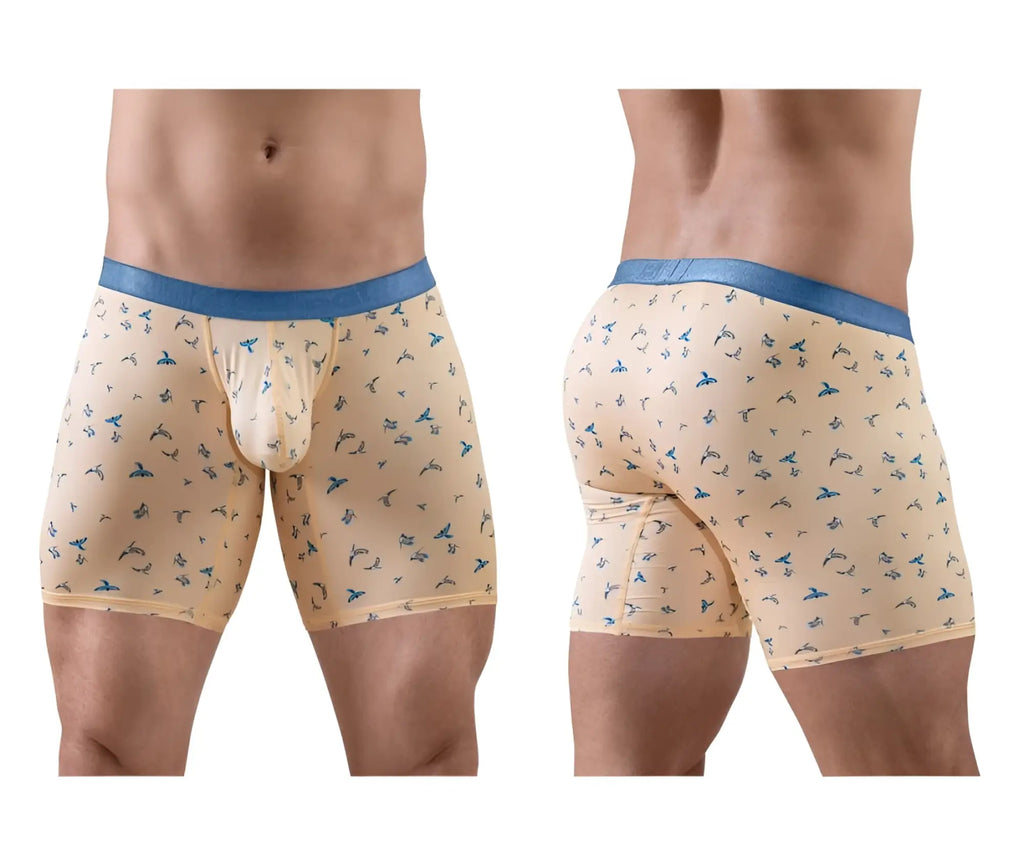 Beige ergo wear ew1775 slk se boxer briefs with blue waistband and blue bird pattern for comfortable everyday wear