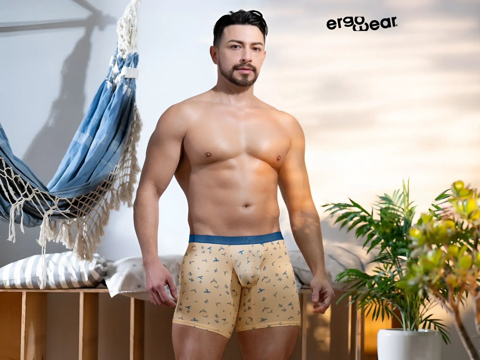 Beige ergo wear ew1775 slk se boxer briefs with blue green pattern and solid navy waistband in peach-birds color