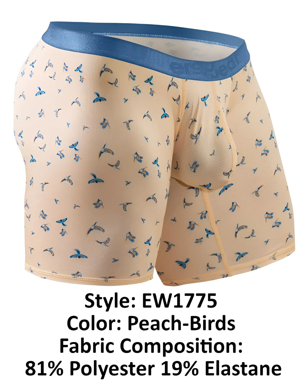 Peach-colored ergowear ew1775 slk se boxer briefs with blue bird pattern and matching blue elastic waistband