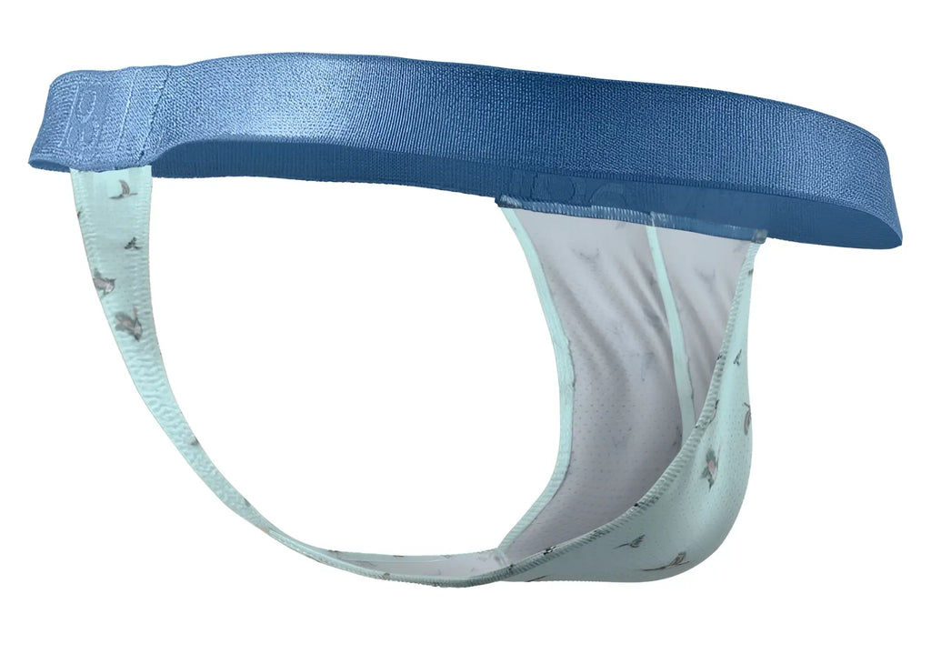 Light blue and white patterned men’s jockstrap with solid navy waistband from ergowear ew1776 slk se g-string frost birds
