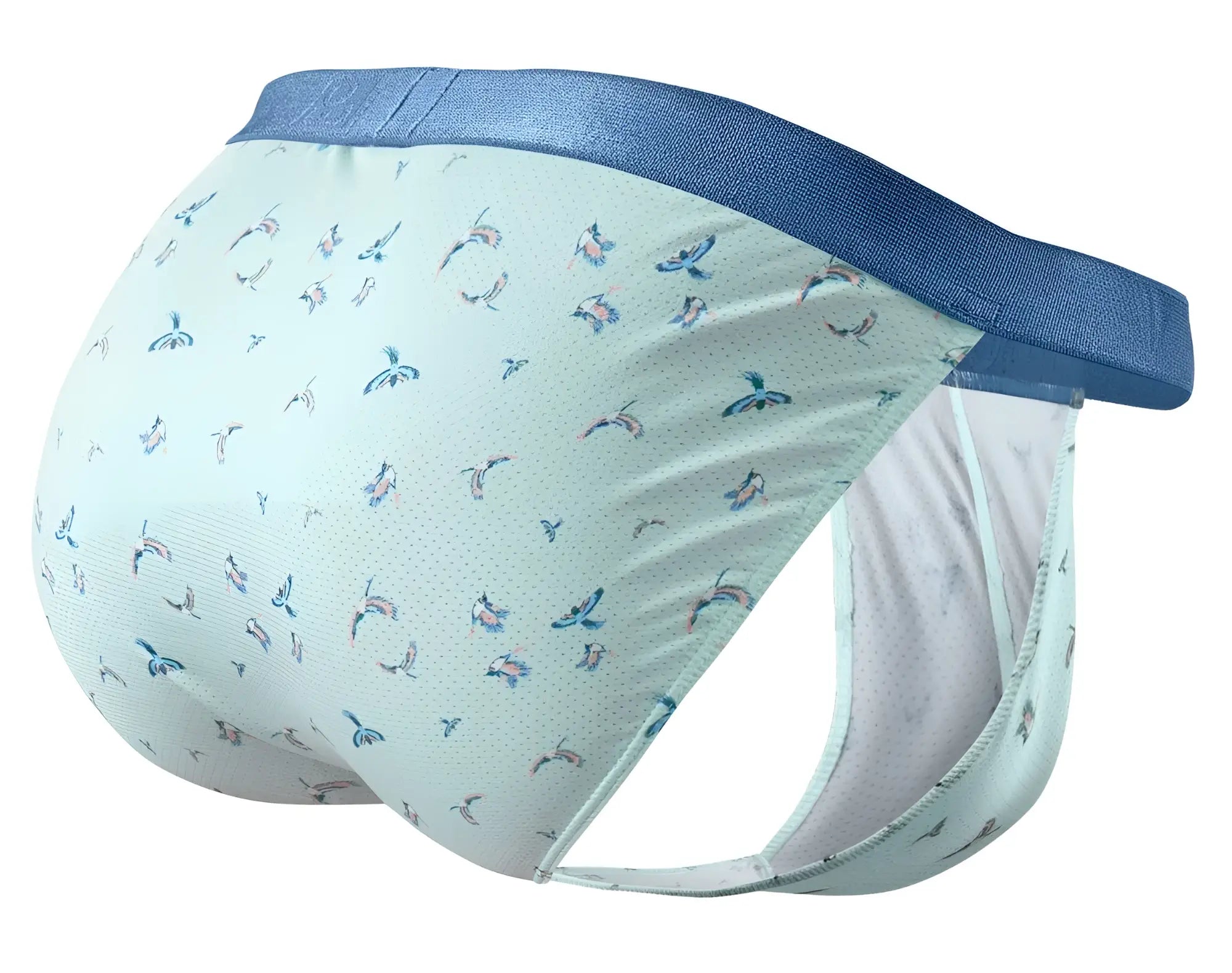 Light blue men’s briefs ergoWear EW1777 SLK SE bikini with colorful bird pattern and navy blue elastic waistband