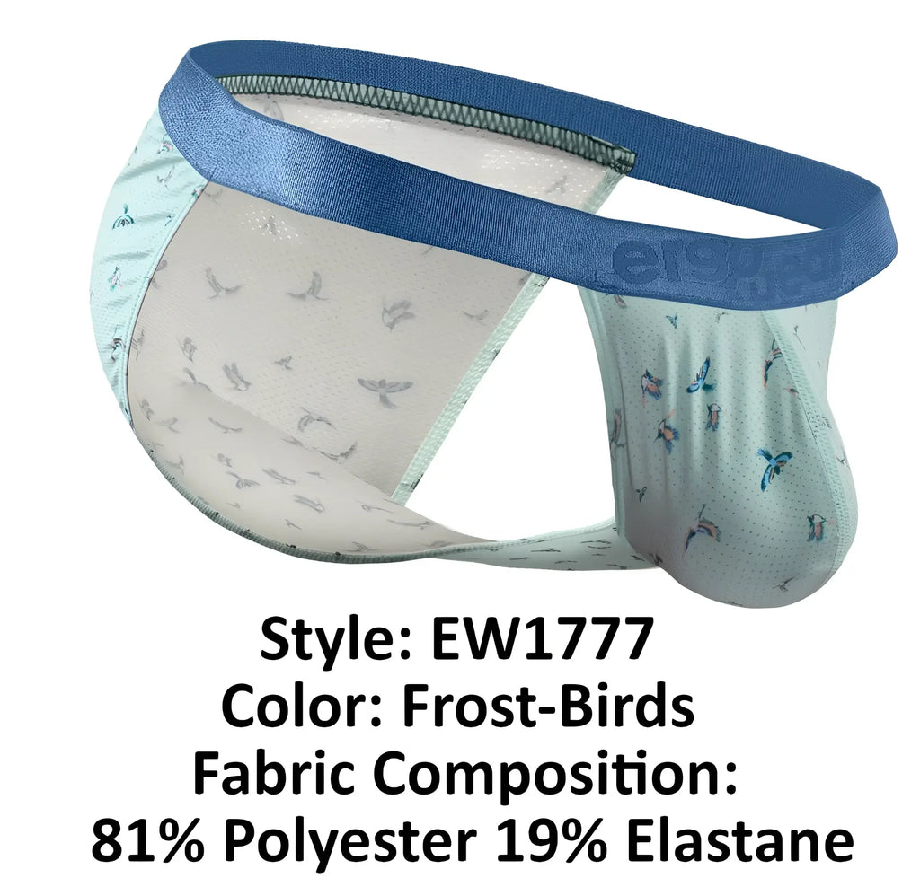 ErgoWear ew1777 slk se bikini men’s briefs in light blue and white with satin bird motif waistband in frost color
