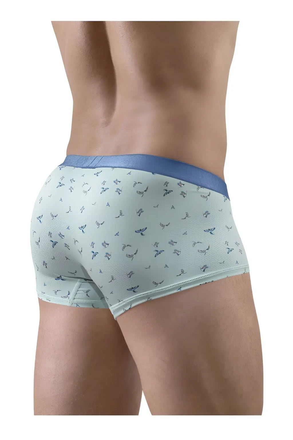 Light blue ergo wear ew1778 slk se trunks with dark blue bird pattern and solid navy waistband