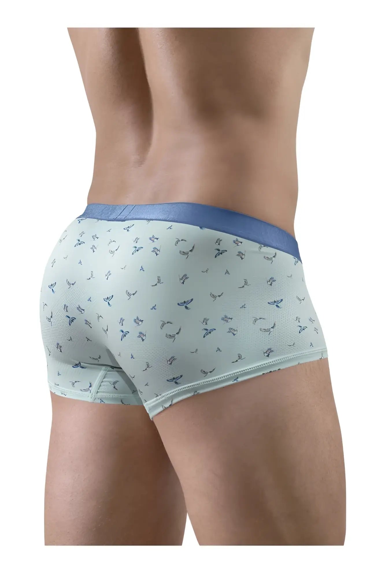 Light blue ergo wear ew1778 slk se trunks with dark blue bird pattern and solid navy waistband