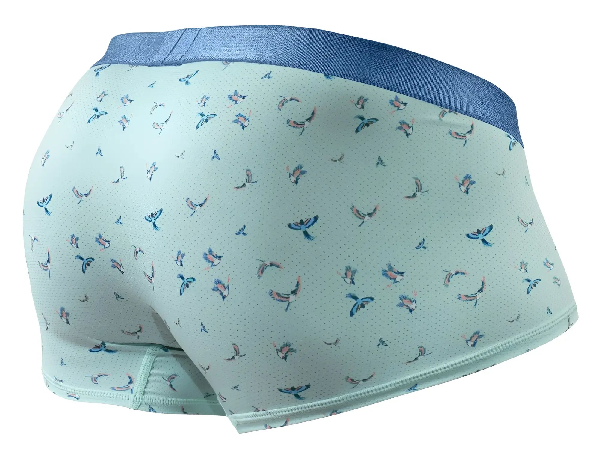Light blue ergoWear ew1778 slk se trunks with subtle blue and pink bird pattern and navy blue elastic waistband