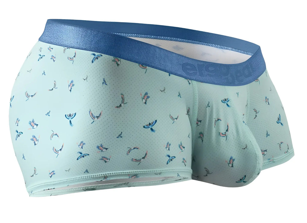 Light blue ergoWear ew1778 slk se trunks with colorful bird pattern and dark blue elastic waistband for men