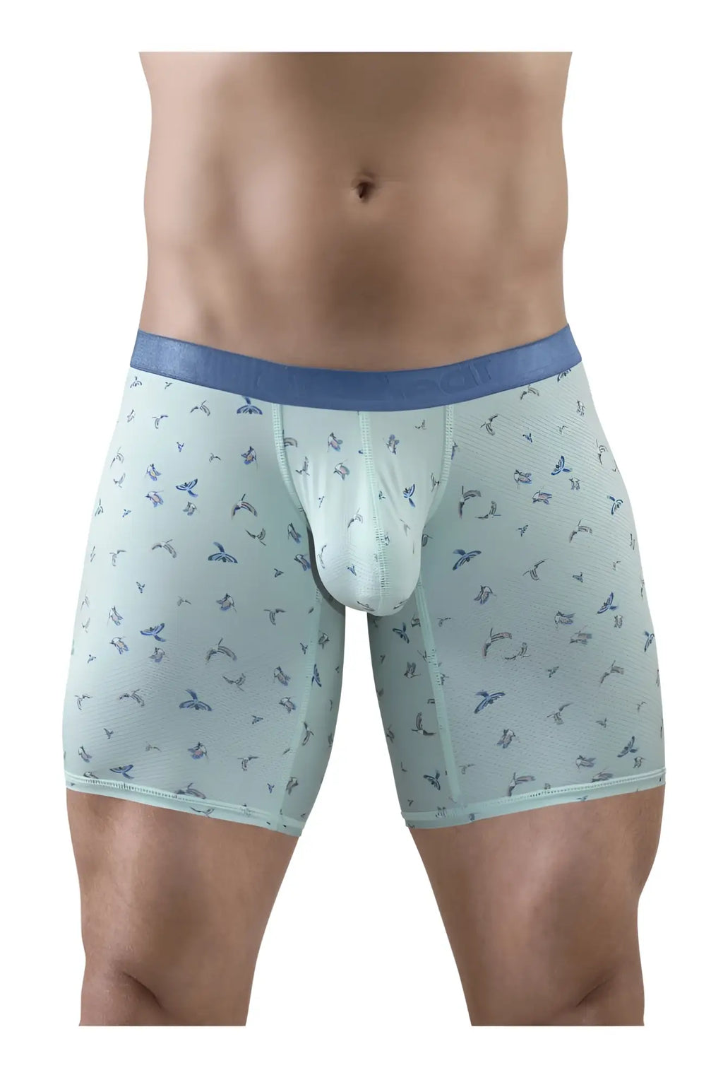 Light blue ergoWear ew1779 slk se boxer briefs with subtle bird pattern and dark blue waistband in front view