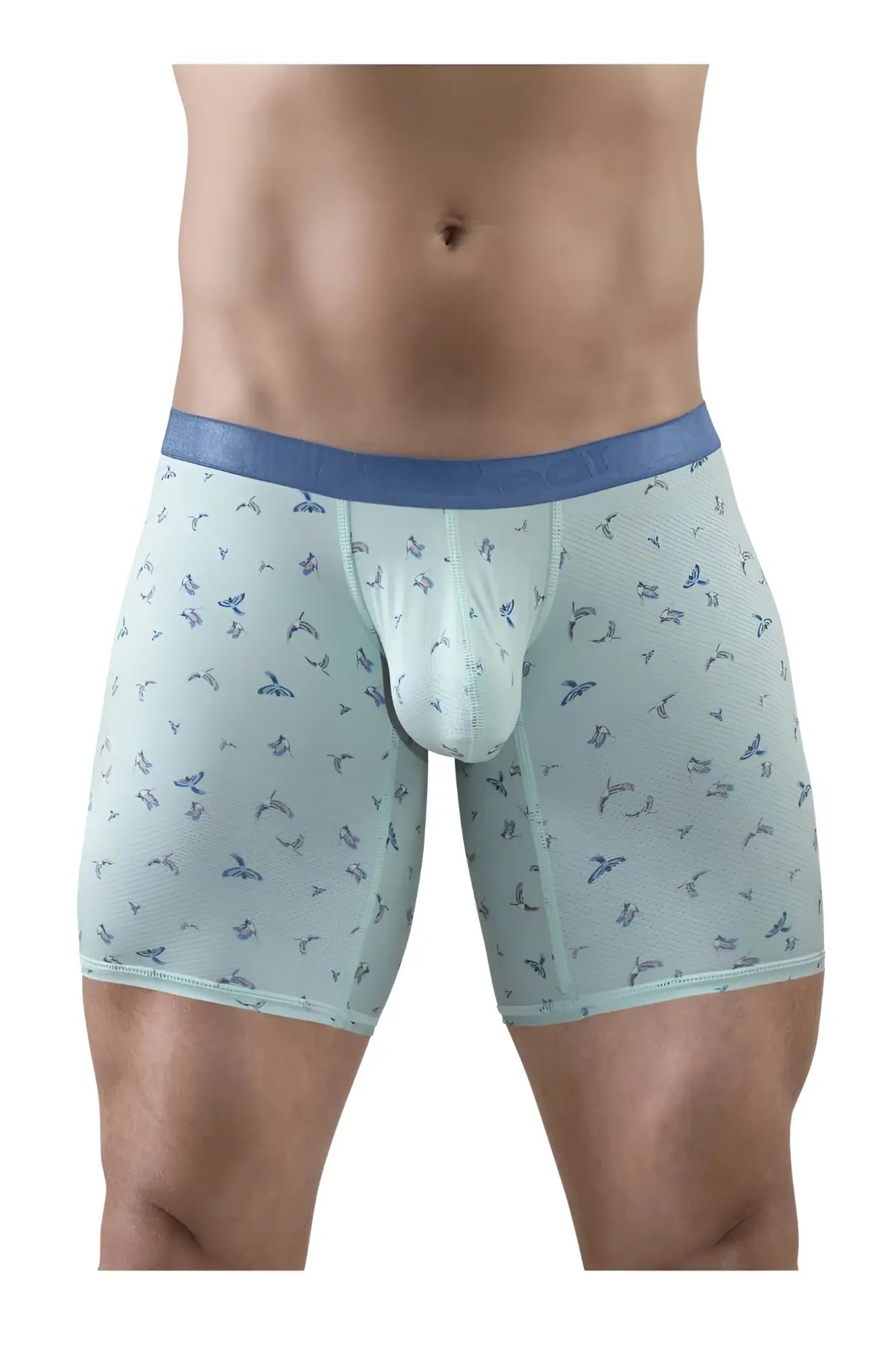 Light blue ergoWear ew1779 slk se boxer briefs with subtle bird pattern and dark blue waistband in front view