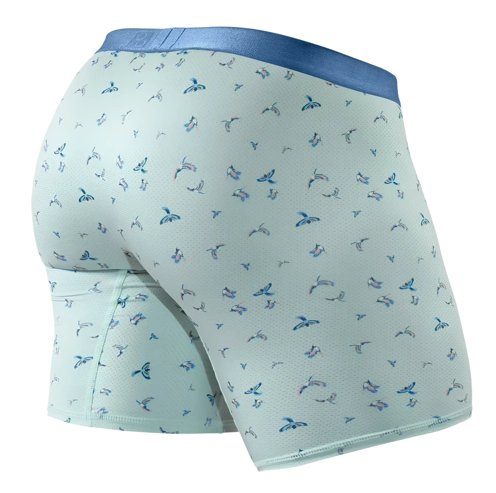 Light blue ErgoWear EW1779 SLK SE boxer briefs with subtle blue and gray bird pattern for comfortable everyday wear