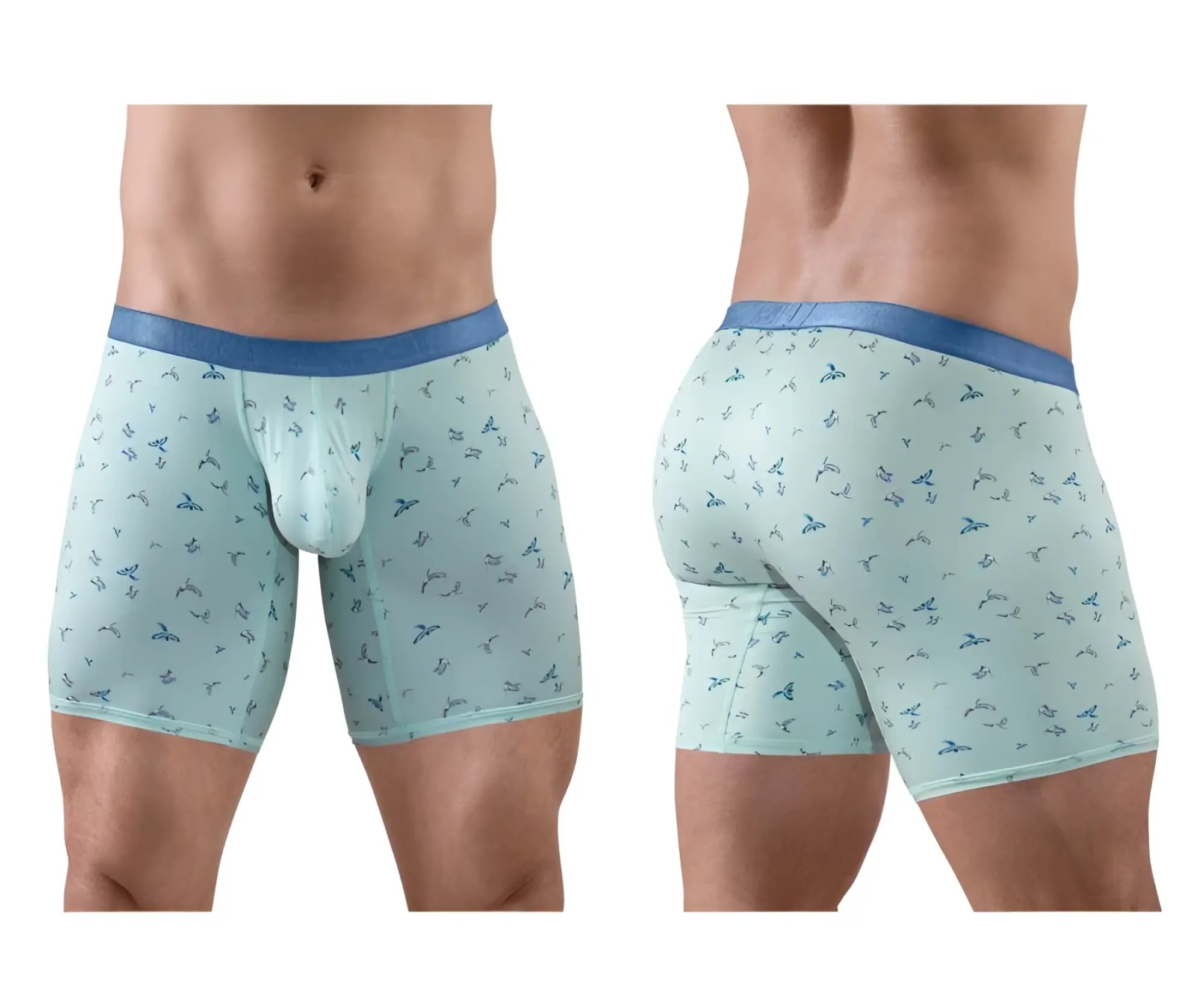 Ergo wear ew1779 slk se light blue boxer briefs with dark blue bird pattern and solid blue waistband frosted birds design