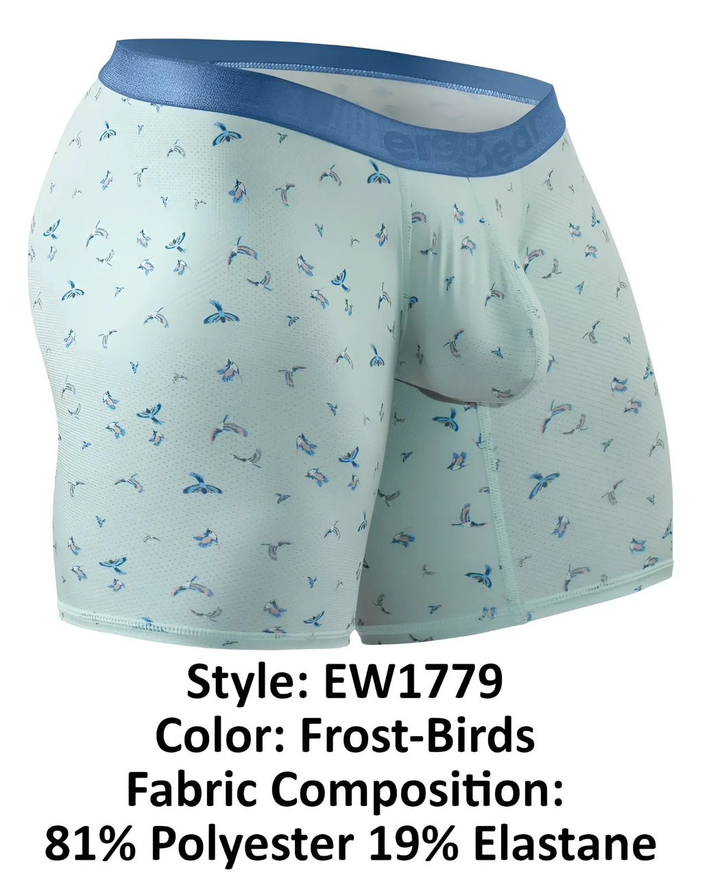 Light blue ergo wear ew1779 slk se boxer briefs with subtle dark blue and gray stylized bird pattern